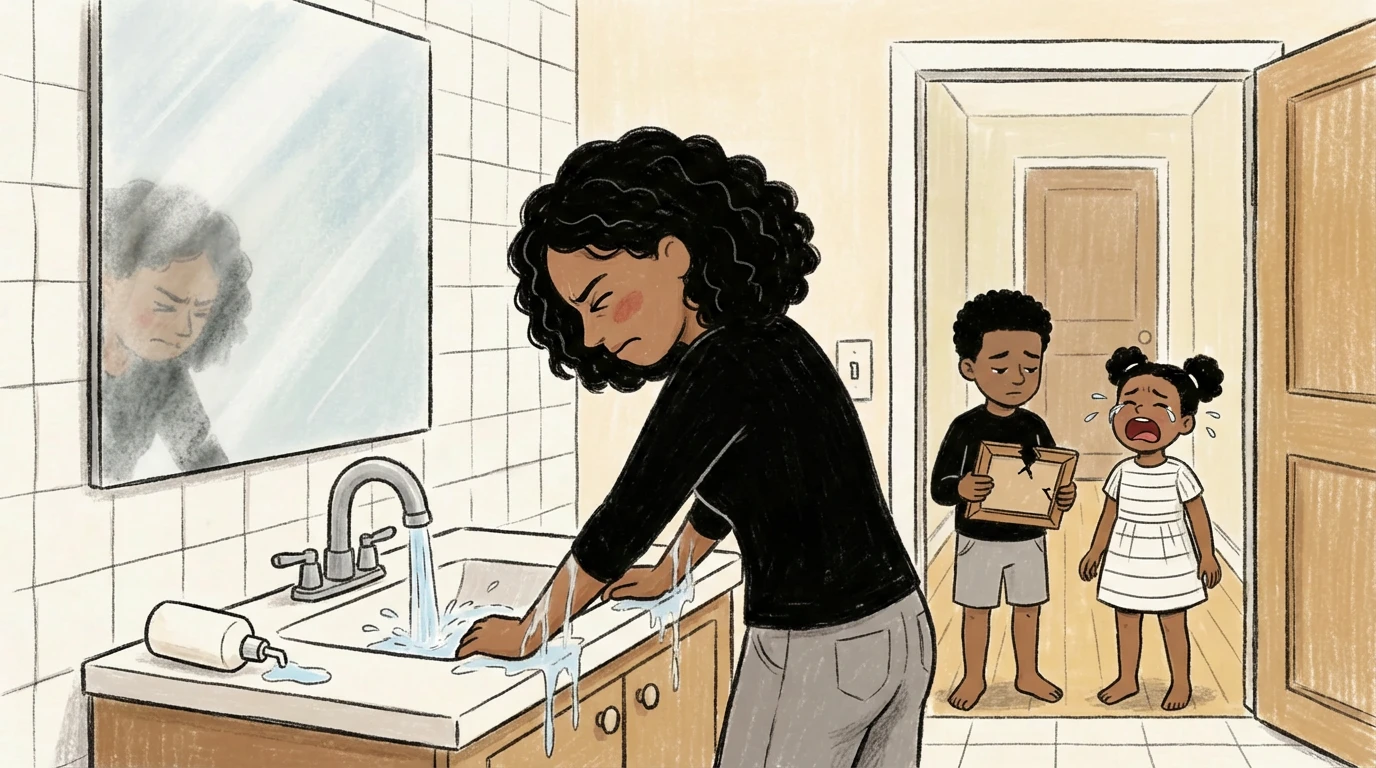 Parent stepping away to wash hands as her temper rises while two children wait in the doorway