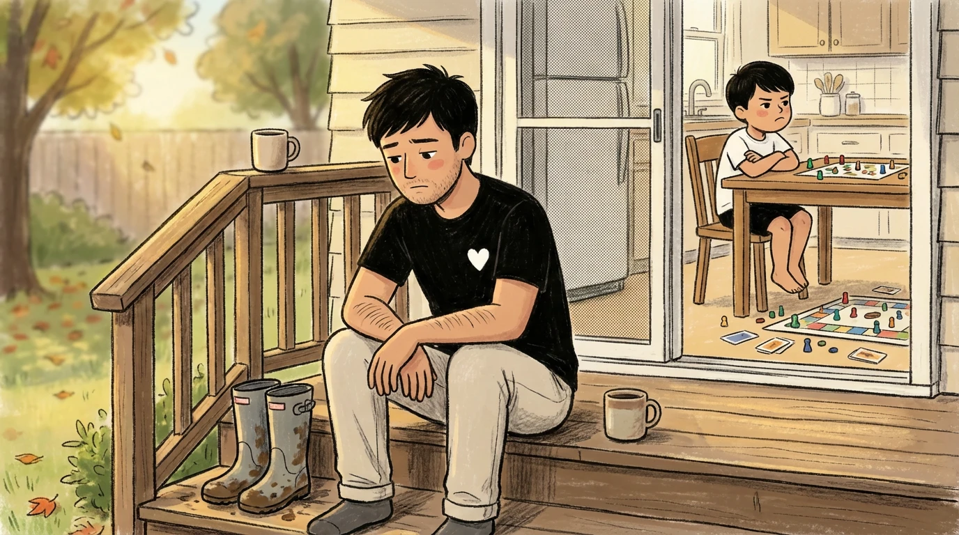 Parent doing one of the simplest things: sitting alone on porch steps with a mug while a child plays inside