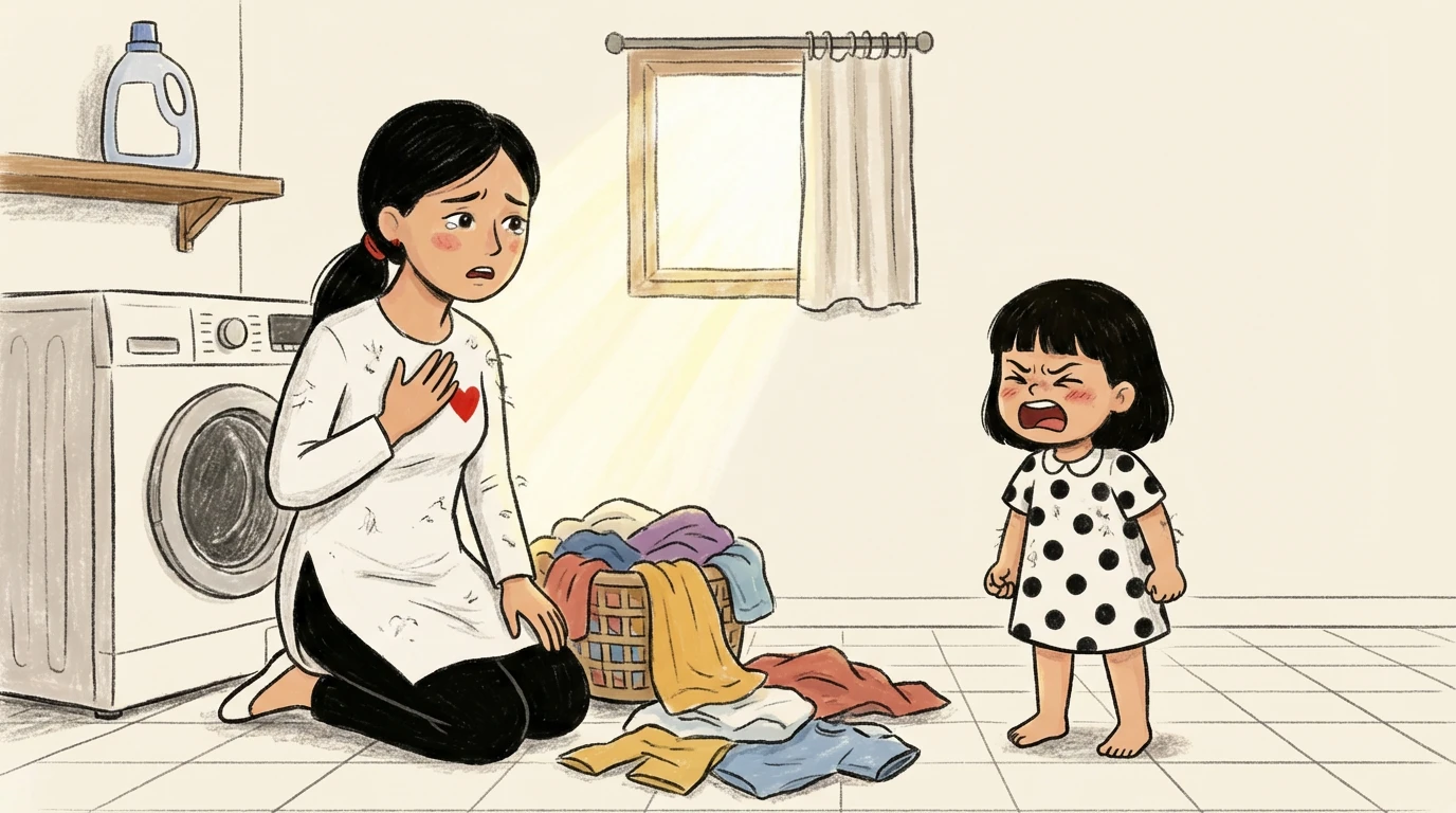 Parent pausing to feel her breath with hand on chest as a toddler cries in the laundry room