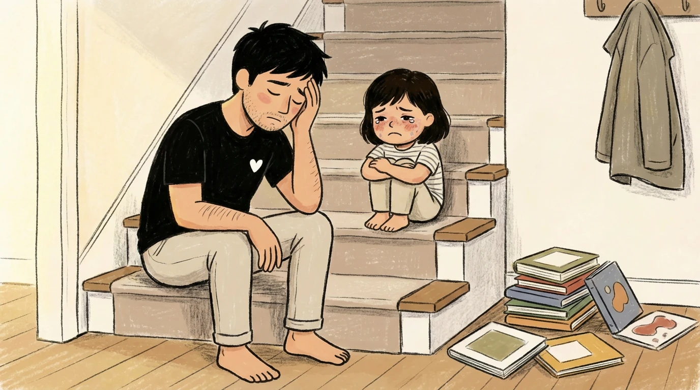 Parent sitting on stairs with head in hand, child sitting above with arms crossed and books scattered below