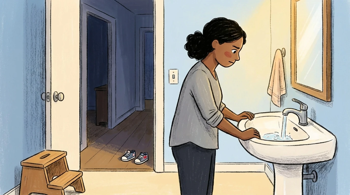 Parent standing at bathroom sink washing hands and taking space after a child meltdown before reconnecting