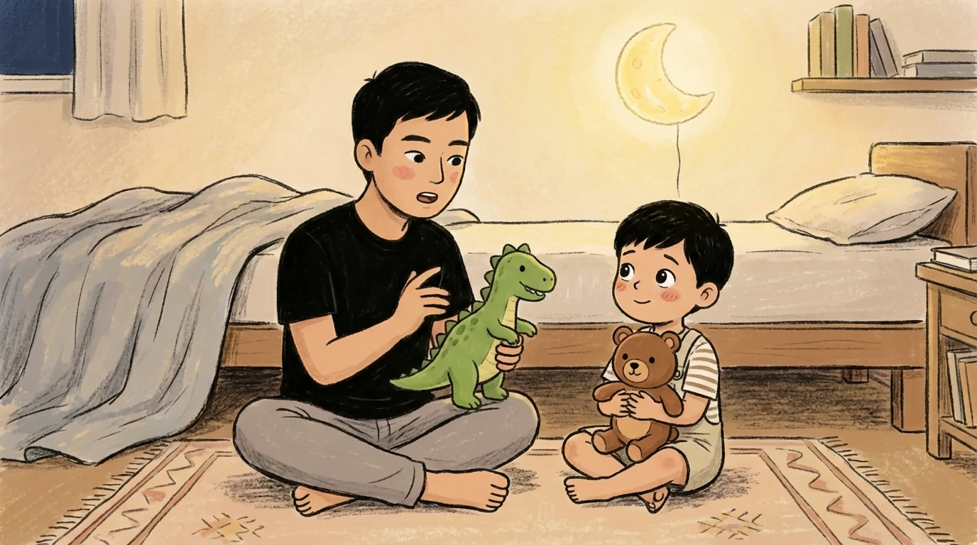 Parent sitting on floor at bedtime holding toy dinosaur, child holding stuffed bear while talking calmly