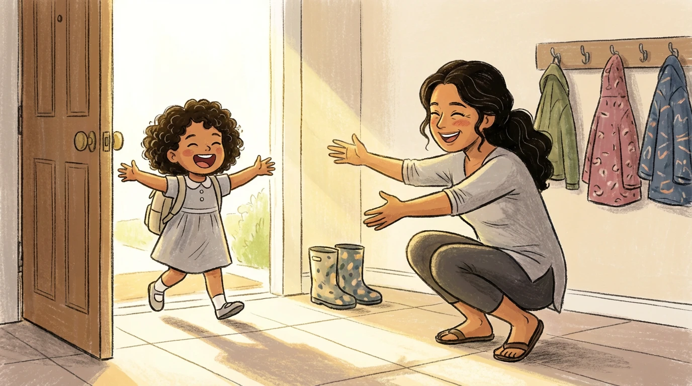 Child running through front door with arms open toward parent kneeling down to reconnect after meltdown