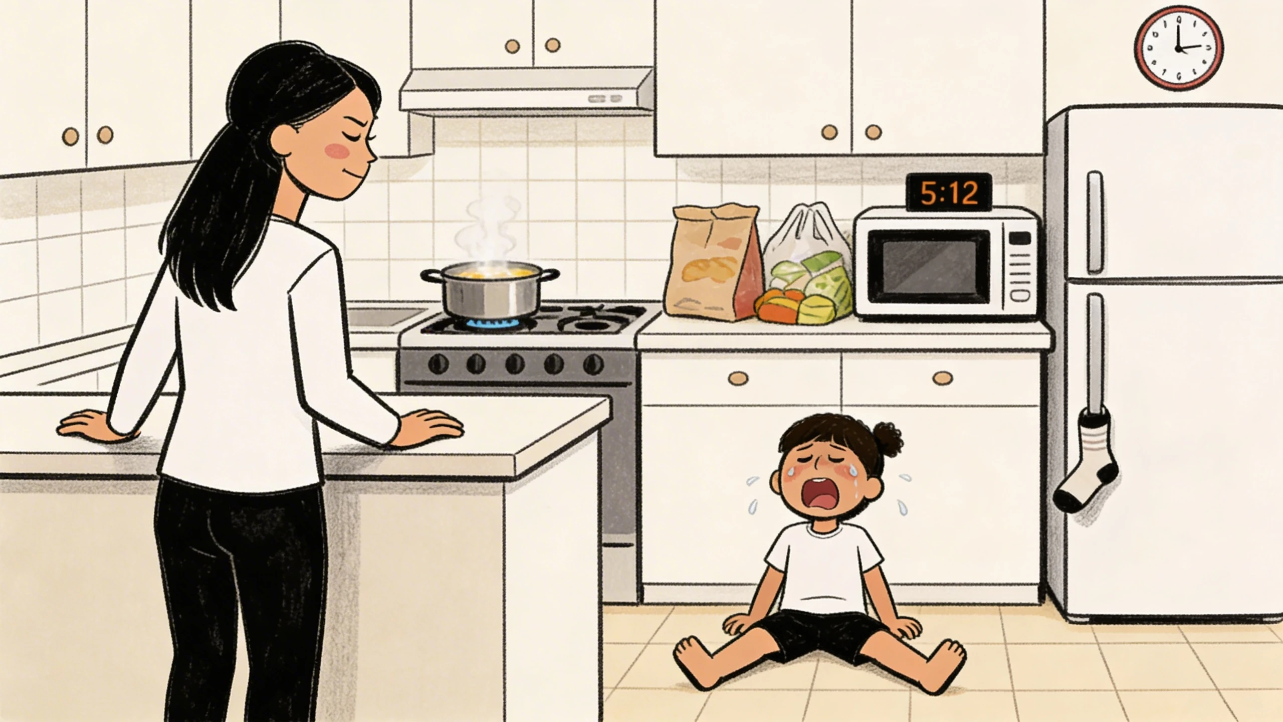 A parent cooks at the stove while a toddler sits crying on the kitchen floor at 5:12 p.m.
