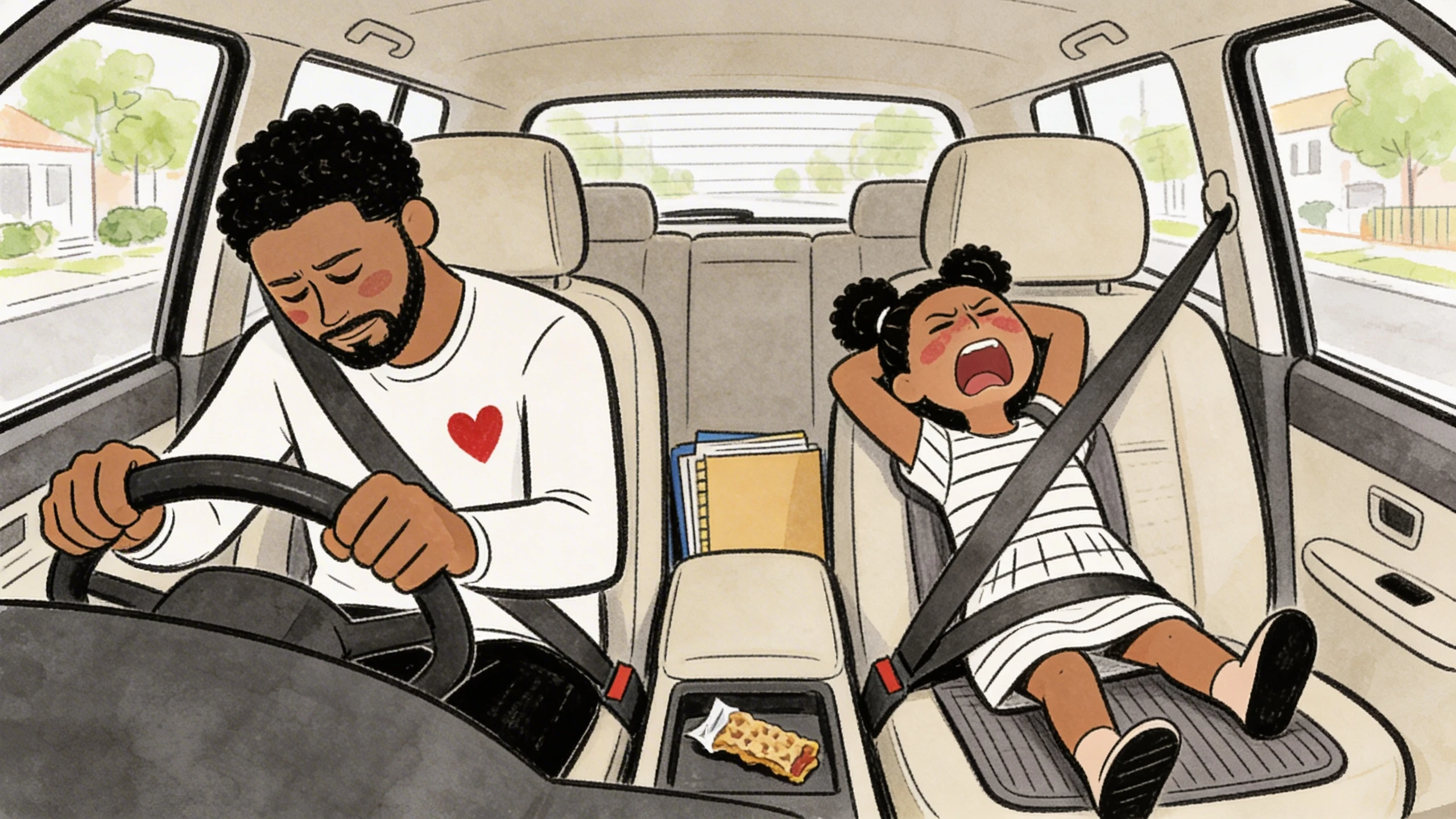 A parent grips the steering wheel as a child in the back seat screams during the after-school drive home.