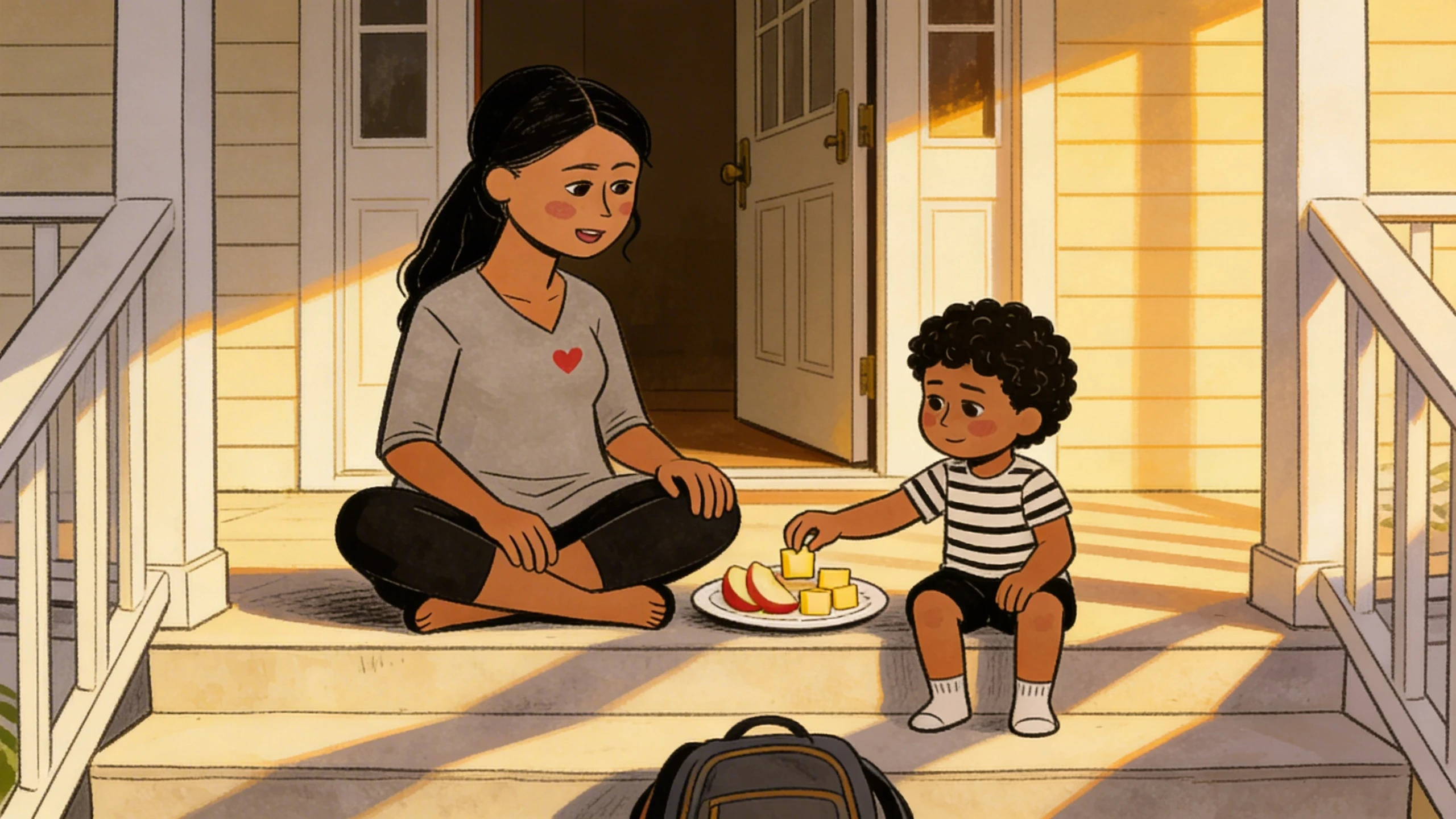A parent sits on porch steps offering a snack plate to a toddler in the warm late-afternoon light.