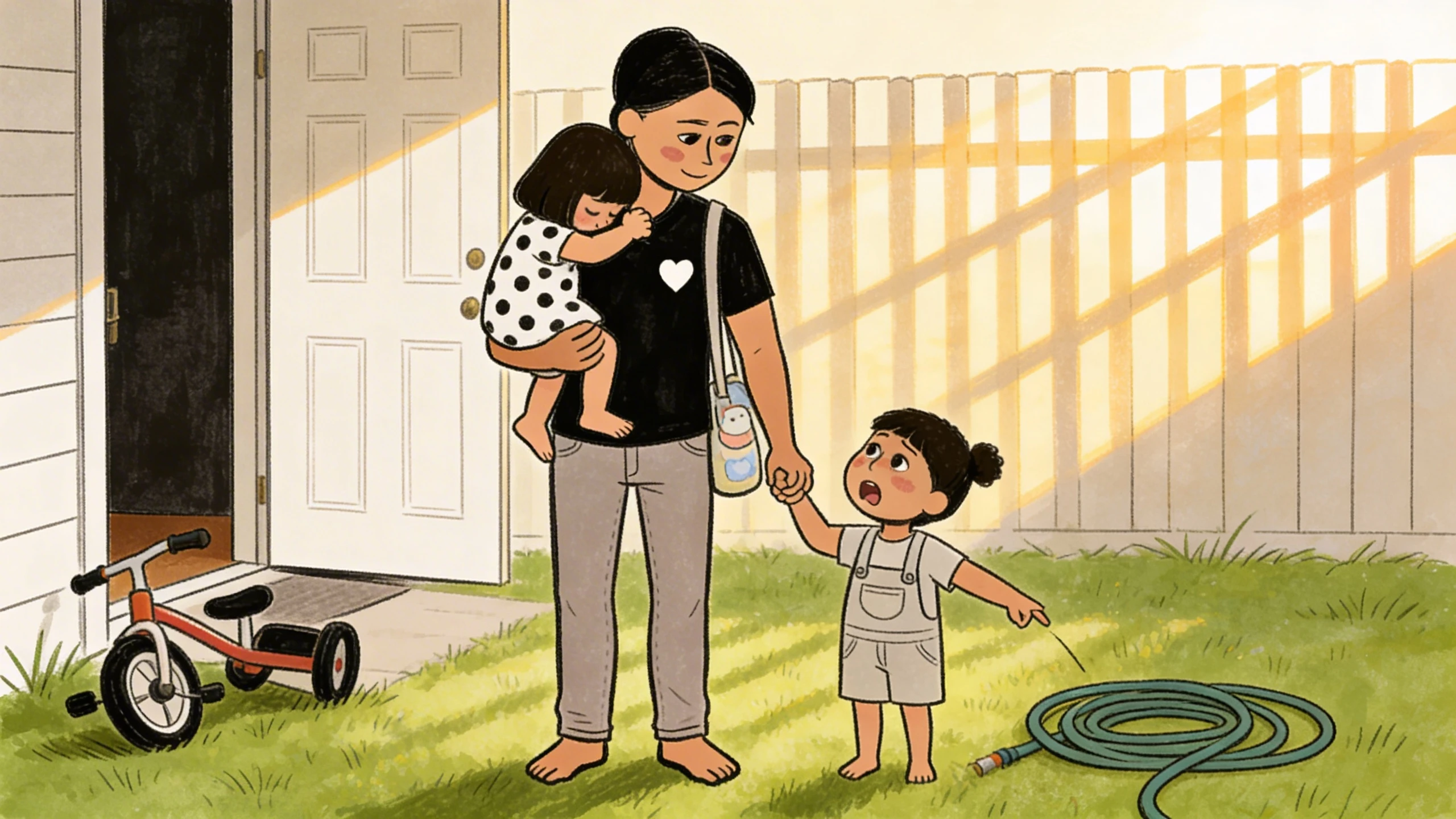 A parent holds a toddler while a second child tugs at her hand in a backyard during the late-afternoon witching hour.