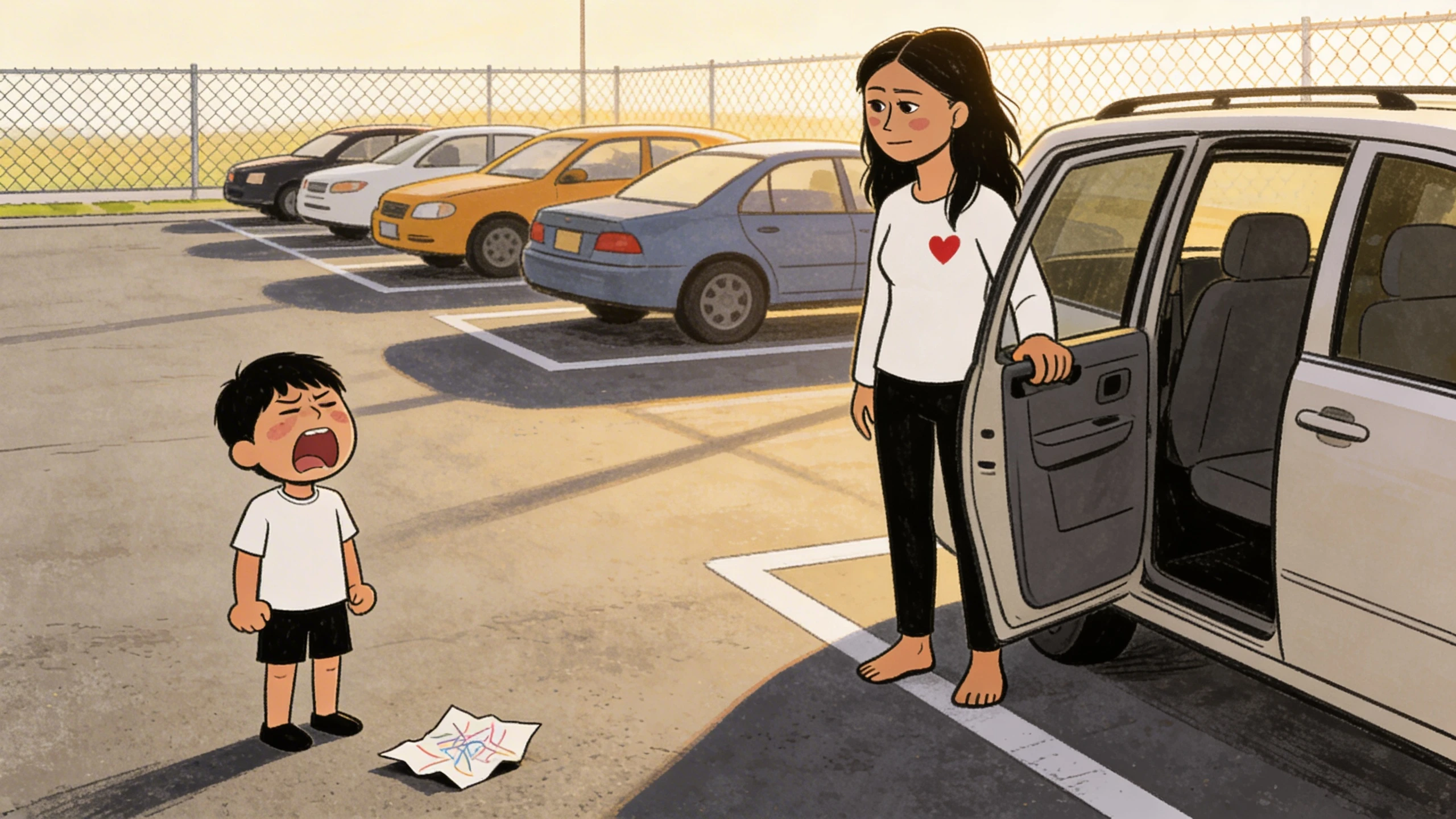 Child mid-tantrum in a parking lot