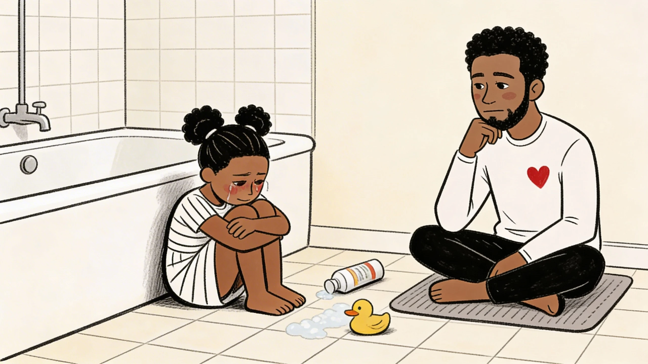 Parent sitting on bathroom floor watching a child hugging her knees after a meltdown.