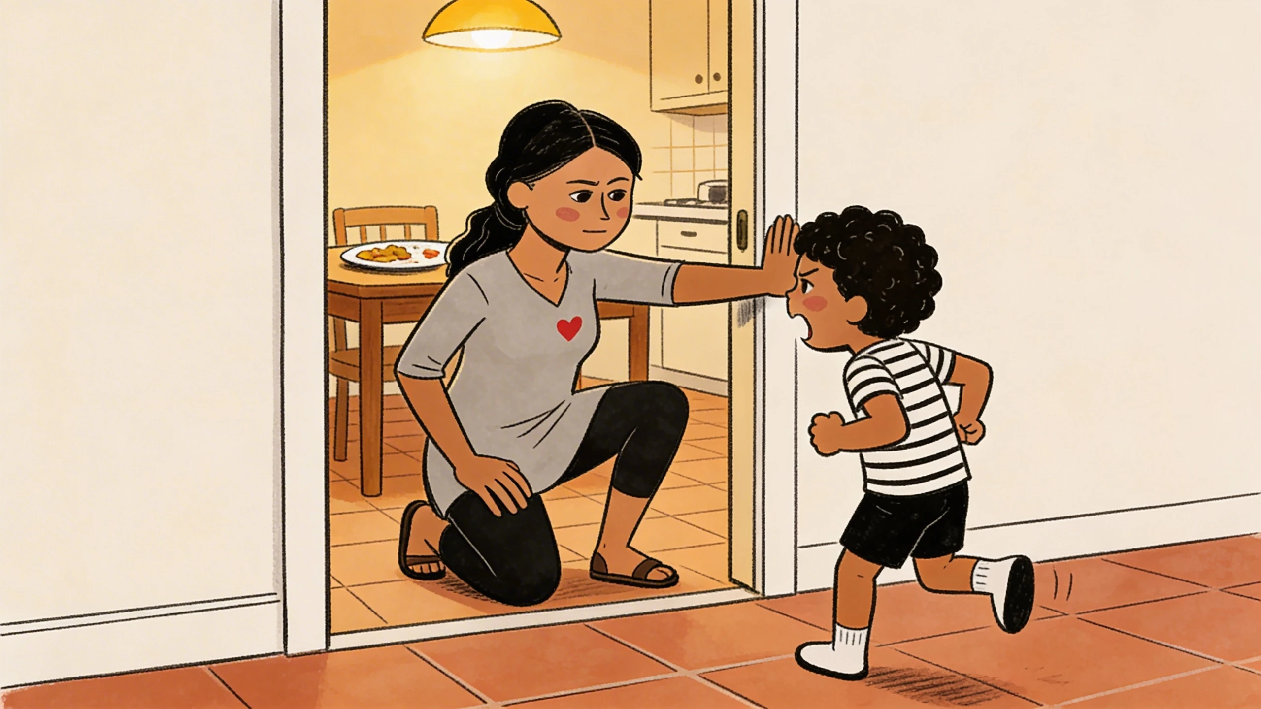 Adult crouching at a sliding glass door