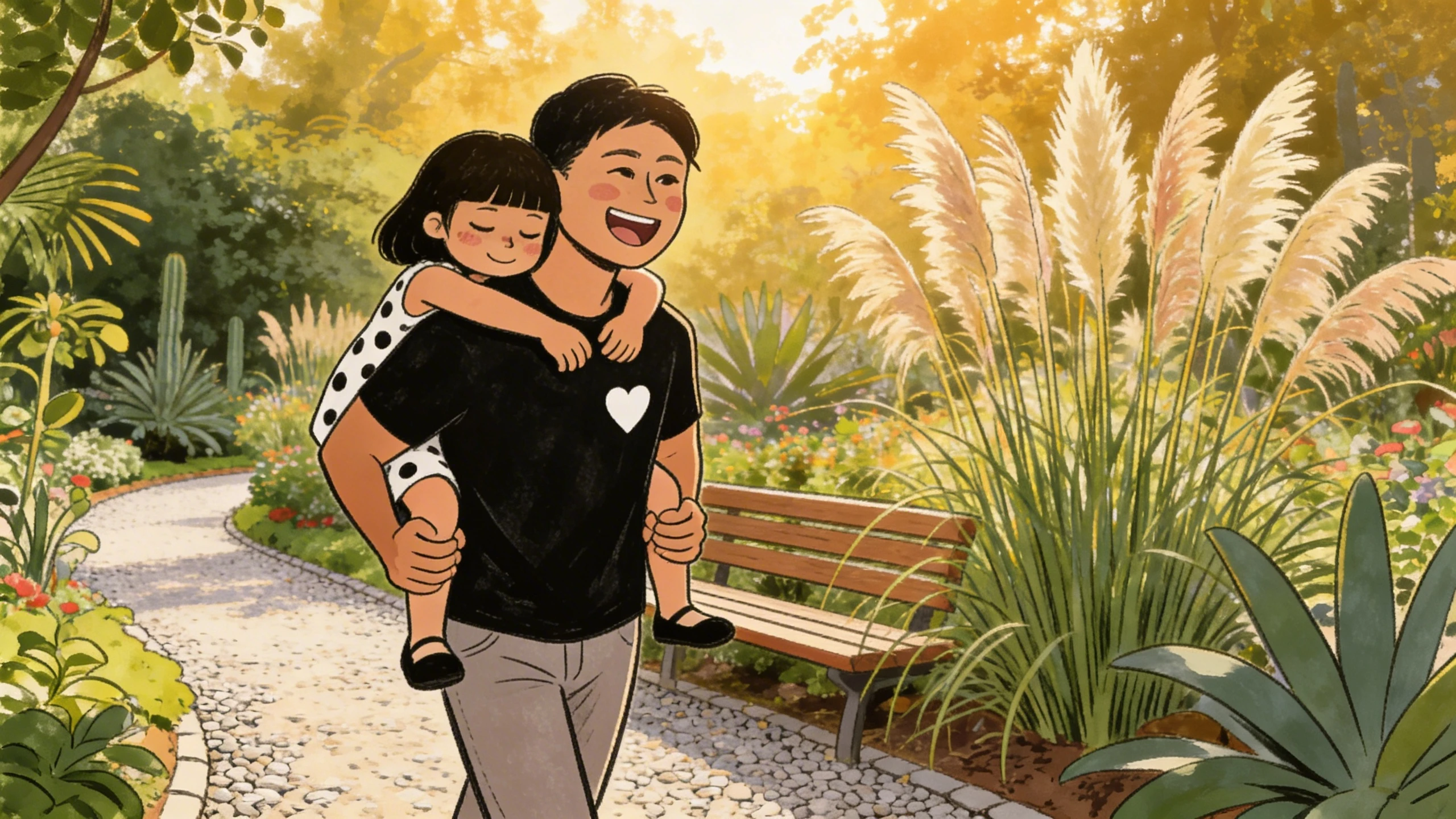 Adult carrying a child piggyback along a garden path in warm sunlight