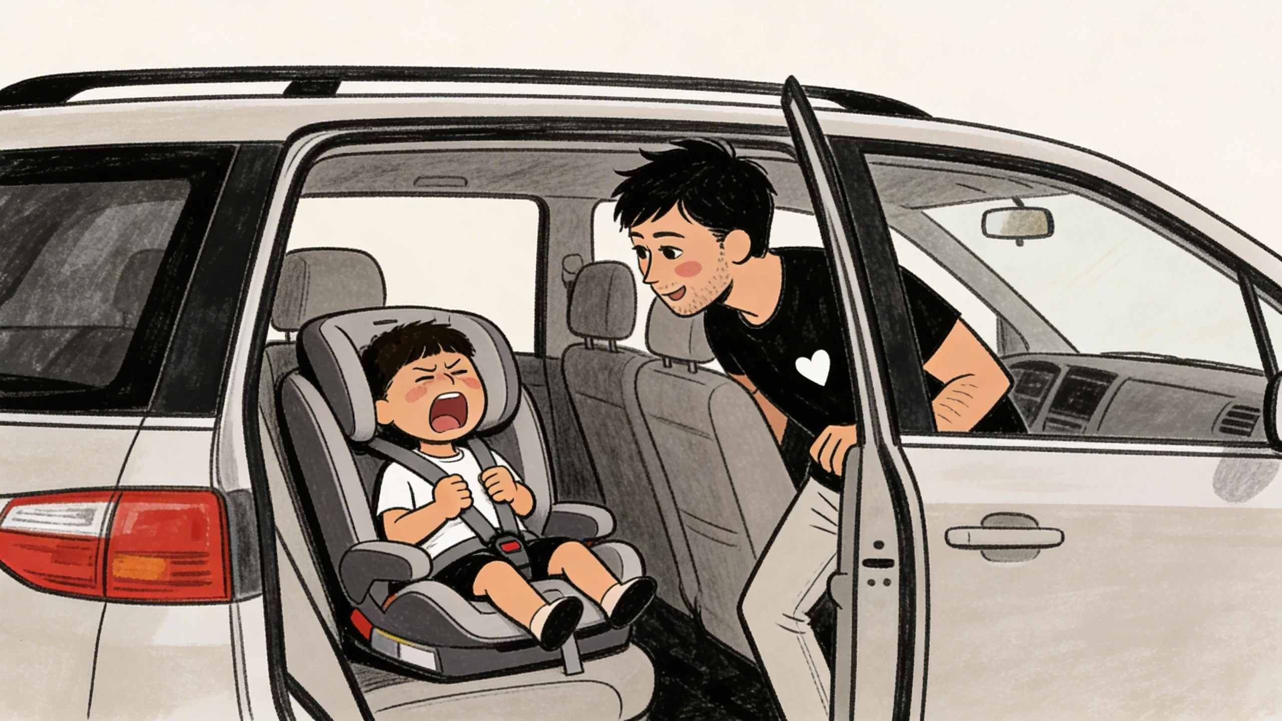 Parent leaning into open car door toward toddler mid-meltdown in car seat, staying close and calm