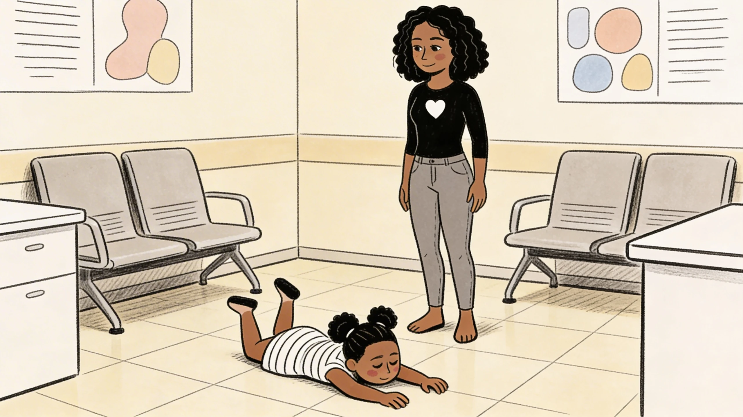 Parent standing calmly nearby while child lies on waiting room floor during a meltdown