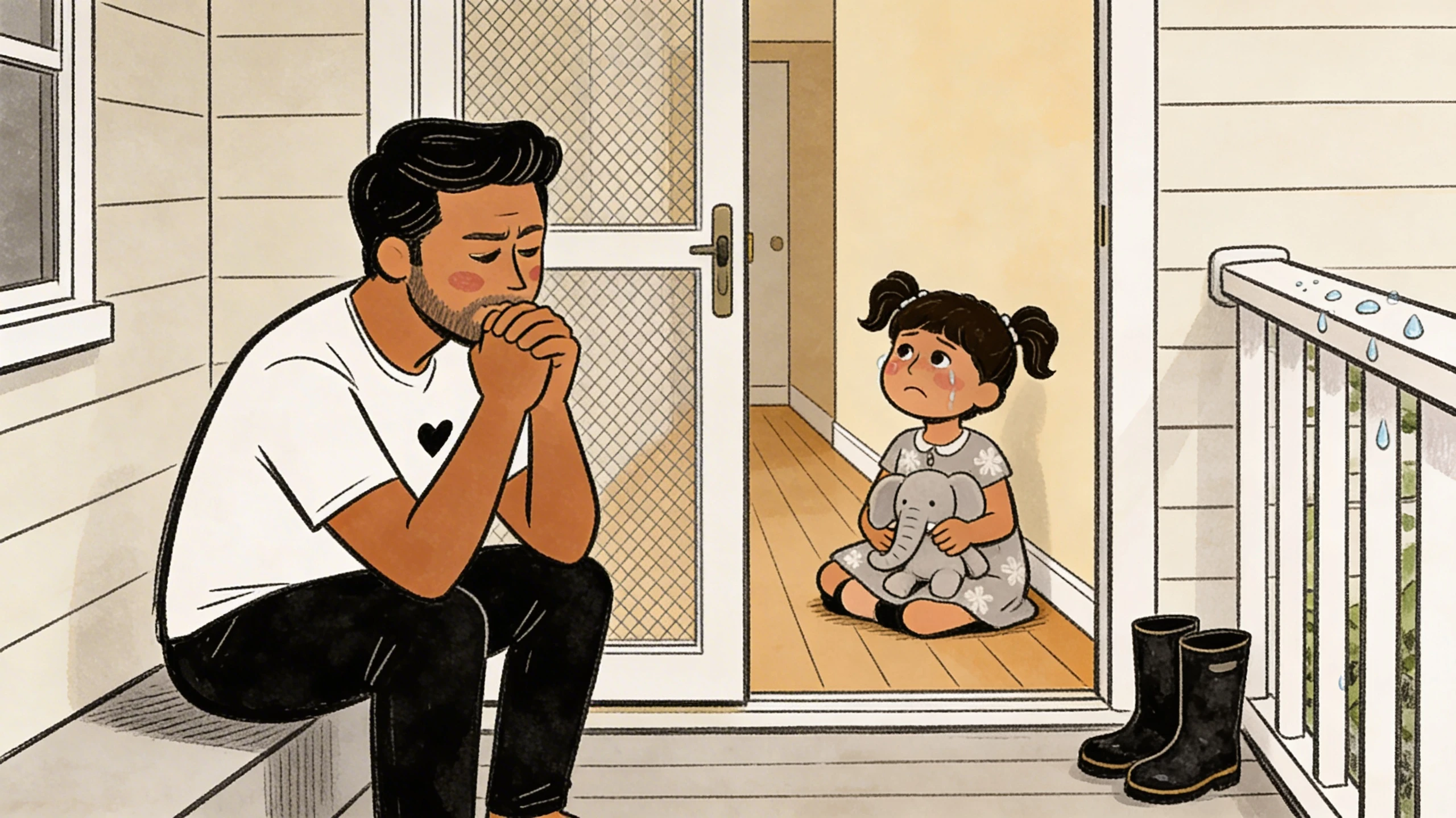 Parent sitting on porch steps with hands folded while child clutches stuffed elephant in doorway