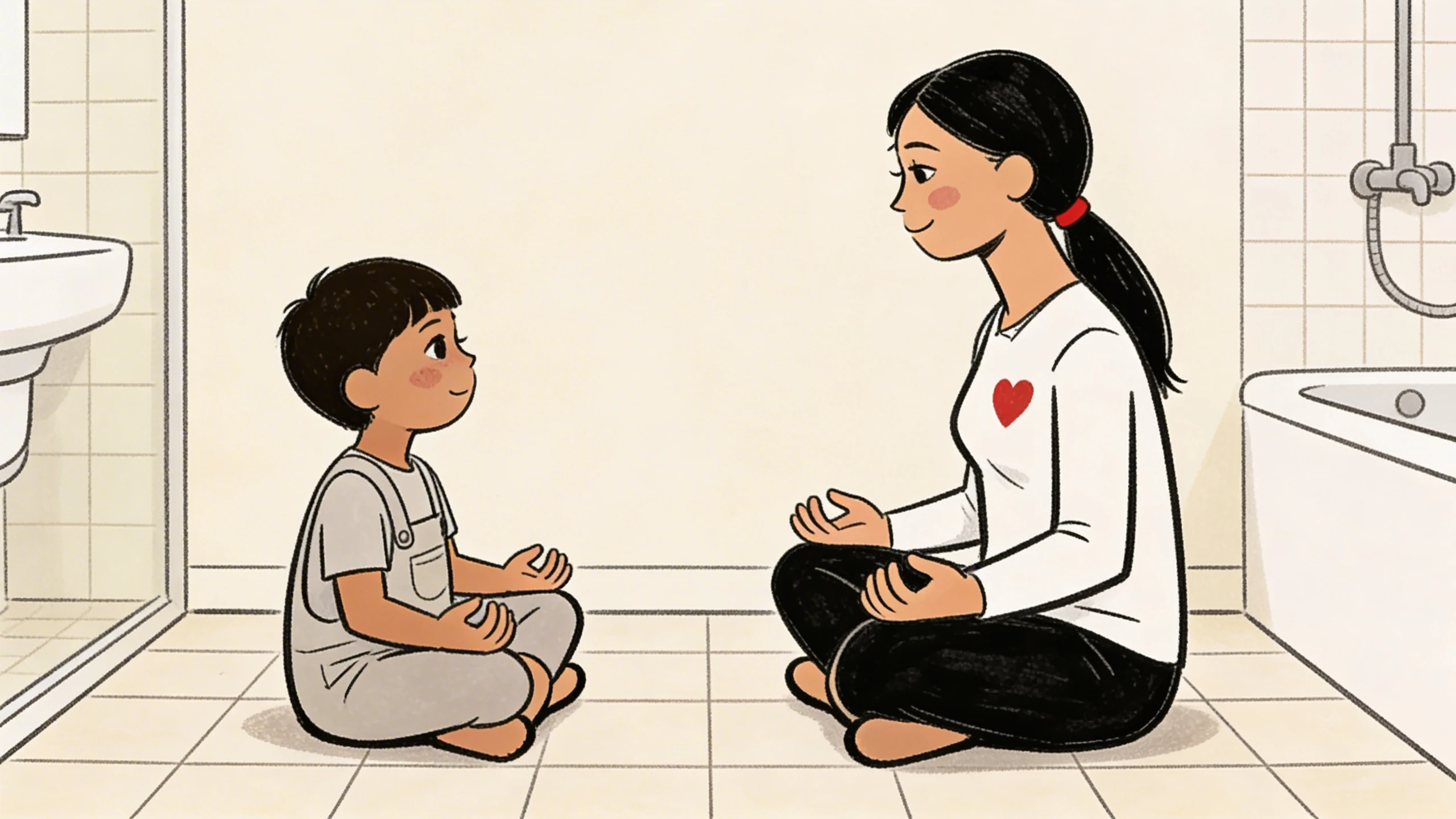 Parent and child sitting cross-legged face-to-face on bathroom floor, co-regulating after a meltdown