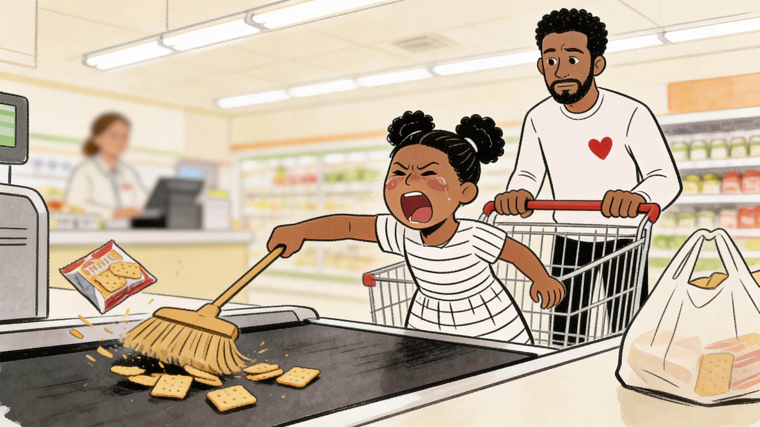 Young child mid-tantrum sweeping crackers off a grocery checkout belt while a parent pushes the cart