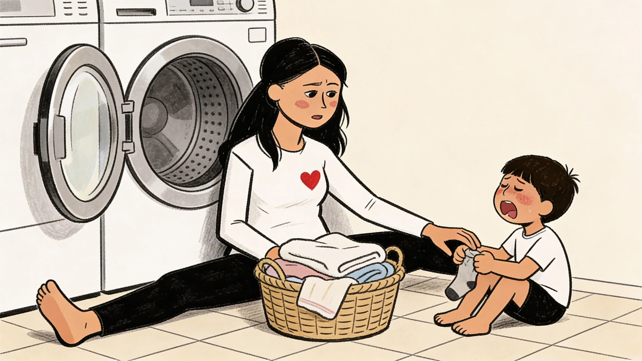 Mother sits on laundry room floor folding clothes while toddler cries beside her, step one in staying calm