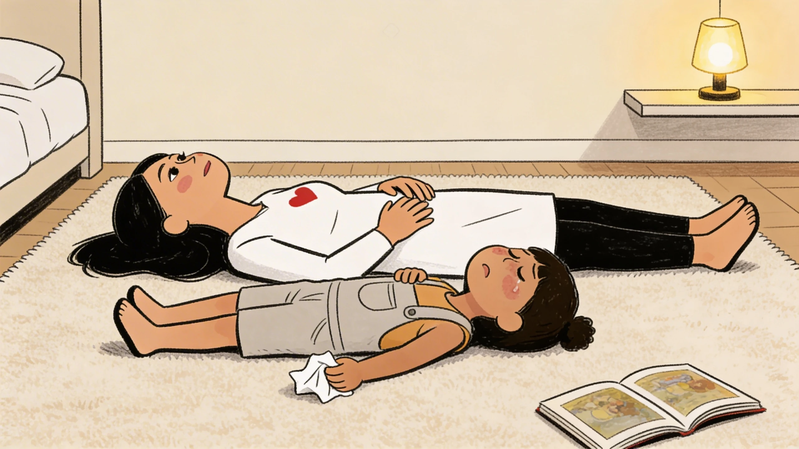 Mother lies on a rug beside a child as the tantrum settles, lamplight glowing and open book on the floor