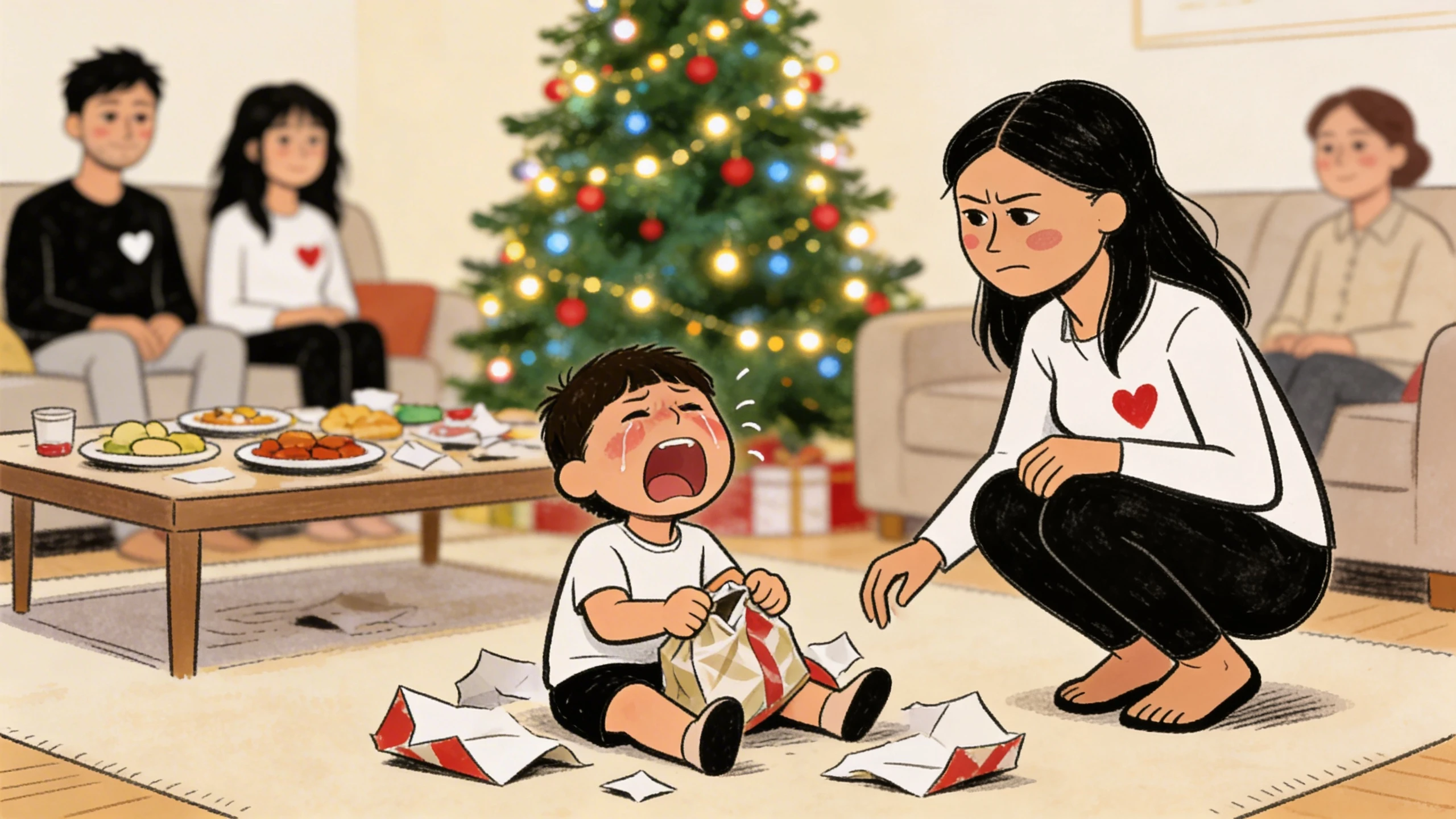 Toddler mid-tantrum on floor by torn wrapping paper as parent crouches close, Christmas tree and family in background