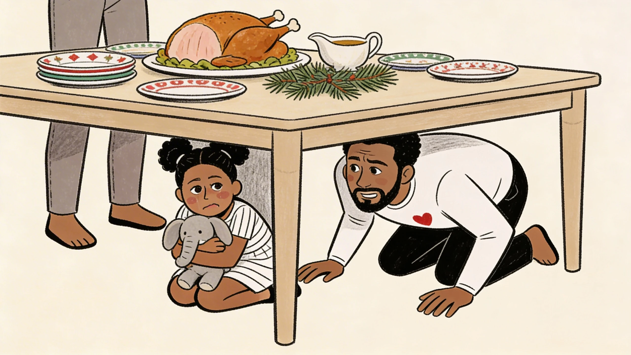 Young child clutching stuffed elephant under holiday dinner table while parent reaches in to connect during meltdown