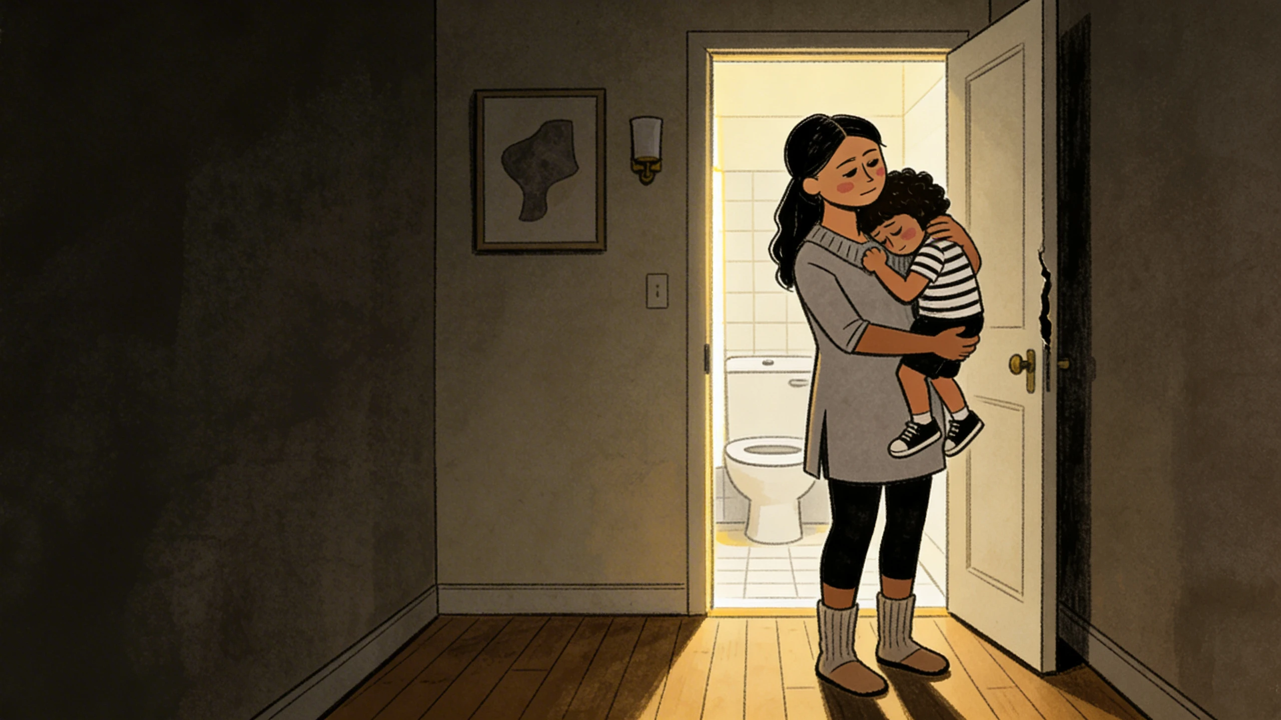 Parent holding toddler in quiet hallway outside a lit bathroom, stepping away from an overwhelming family gathering