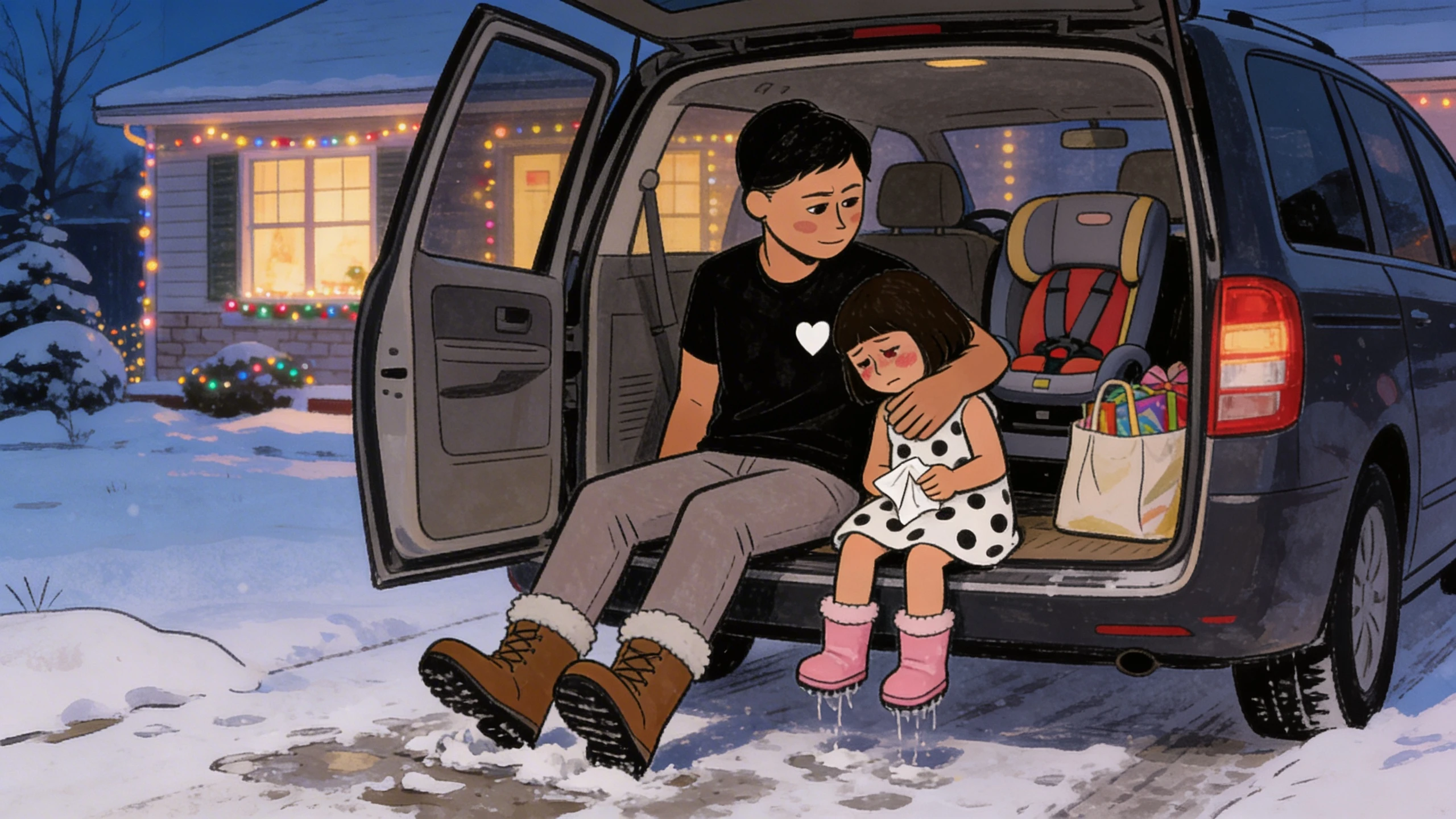 Parent sitting in open minivan trunk with toddler on snowy night, holiday lights glowing on house in background