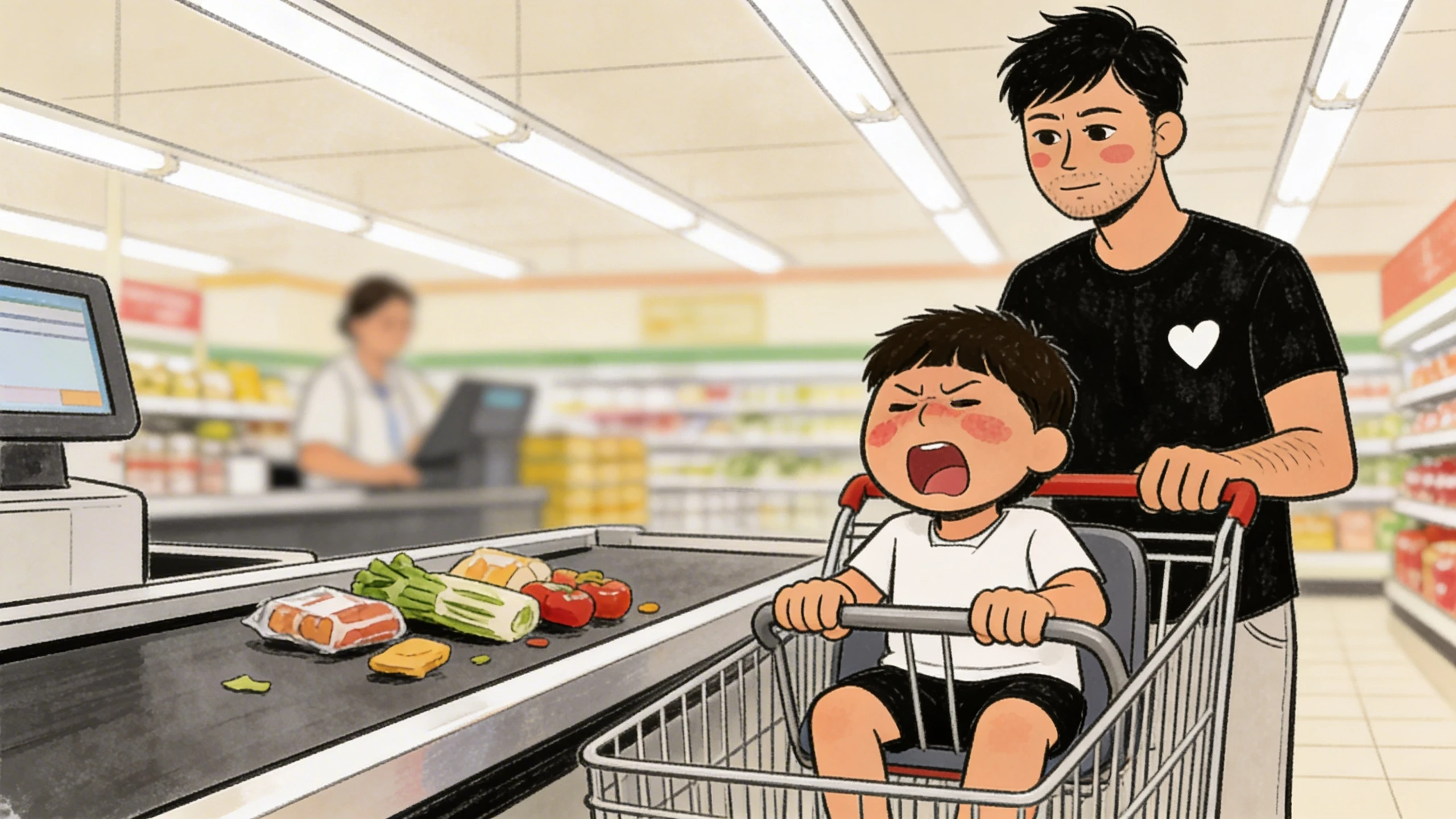 Dad pushing a grocery cart with a crying toddler at checkout, a common scene during tantrums