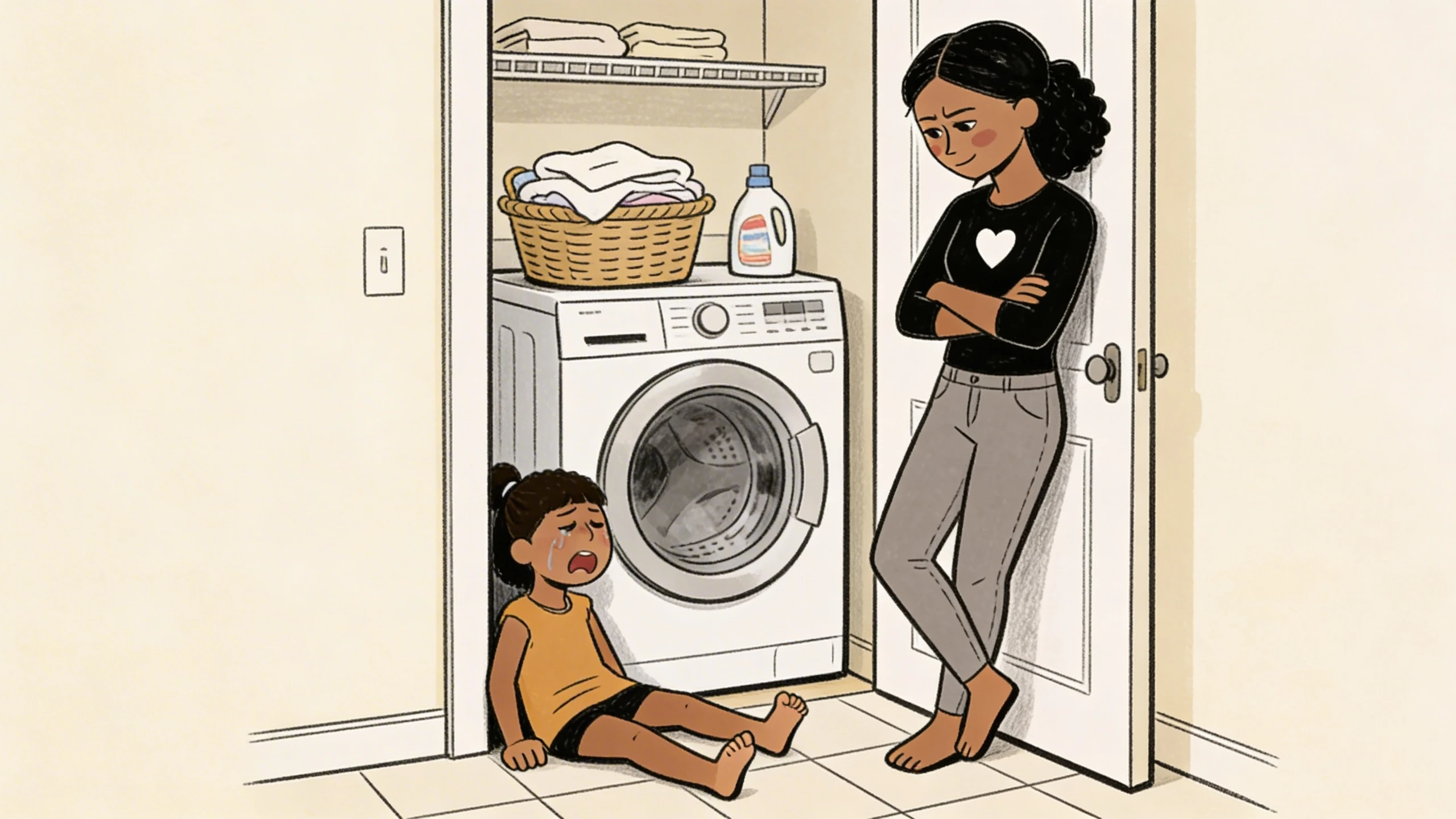 Parent standing in a doorway with arms crossed, ignoring a toddler sitting on the laundry floor