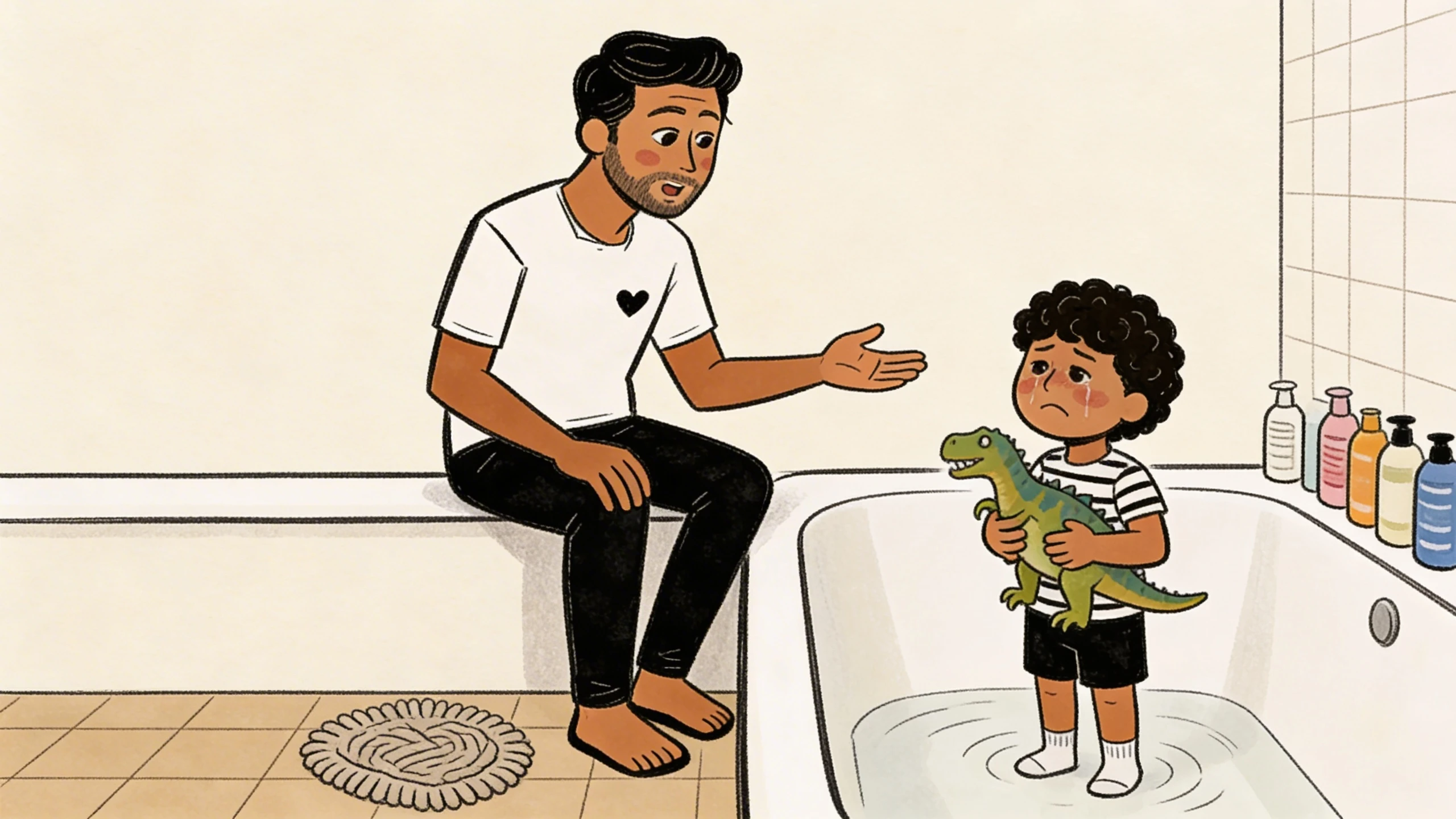 Dad sitting on a bathtub edge speaking calmly to a small child holding a toy dinosaur instead