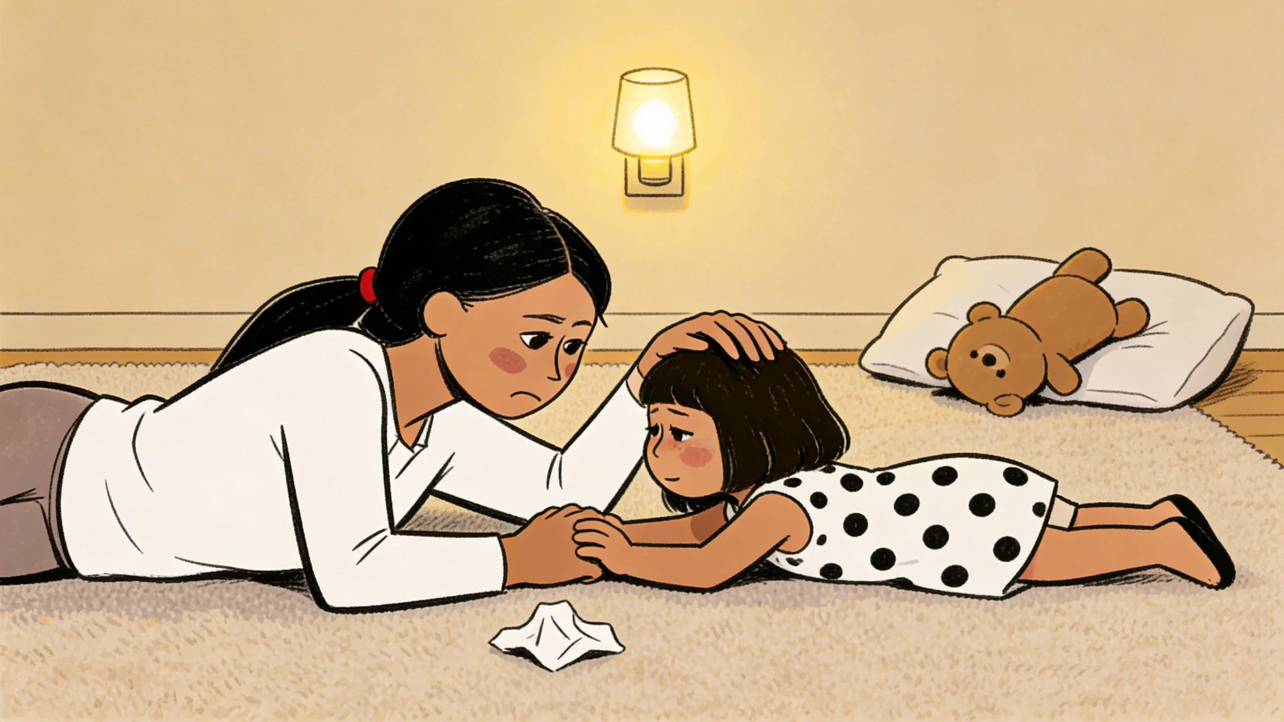 Parent lying on the floor, gently placing a hand on a child's head beside crumpled tissues