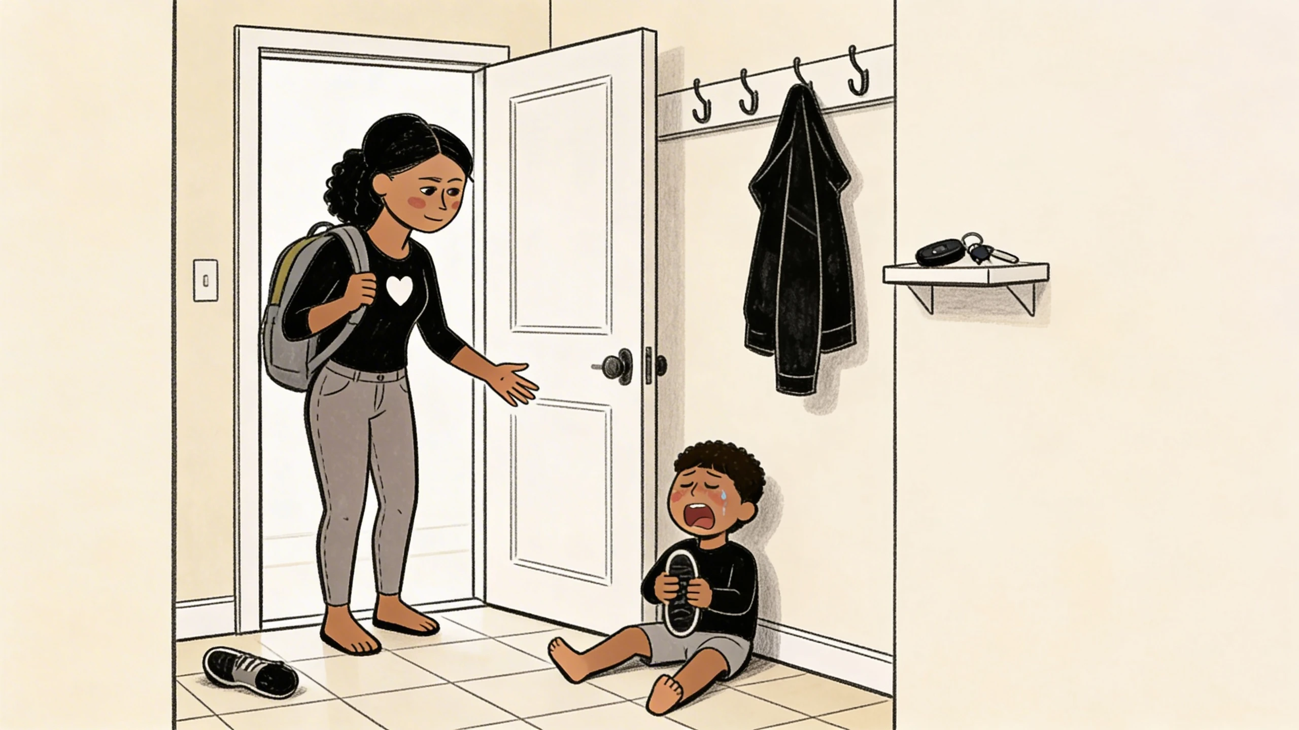 Parent with backpack at front door, toddler sitting on floor crying and refusing to put on shoes