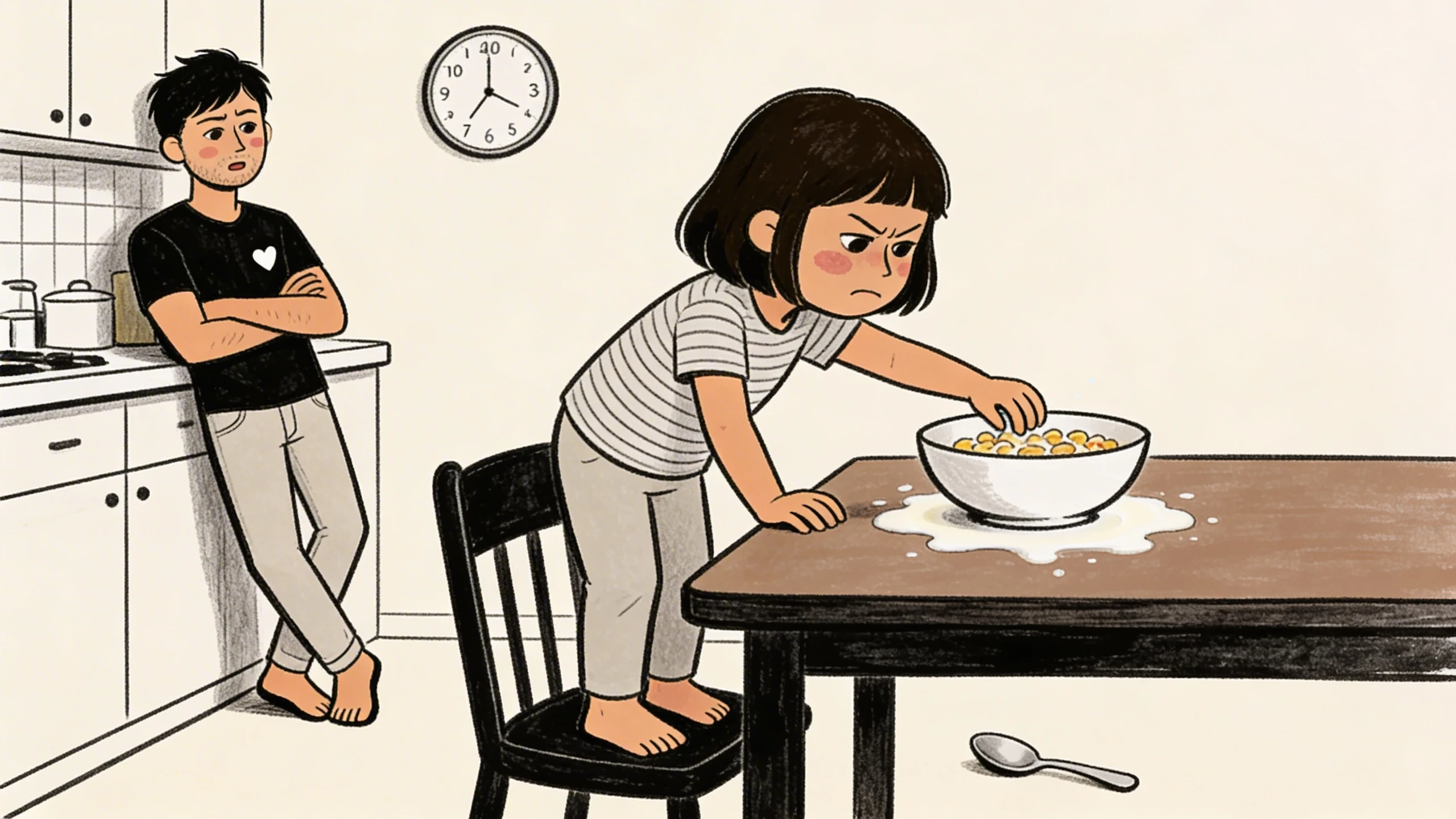 Child leaning over spilled cereal bowl at kitchen table while parent stands with arms crossed, clock on wall