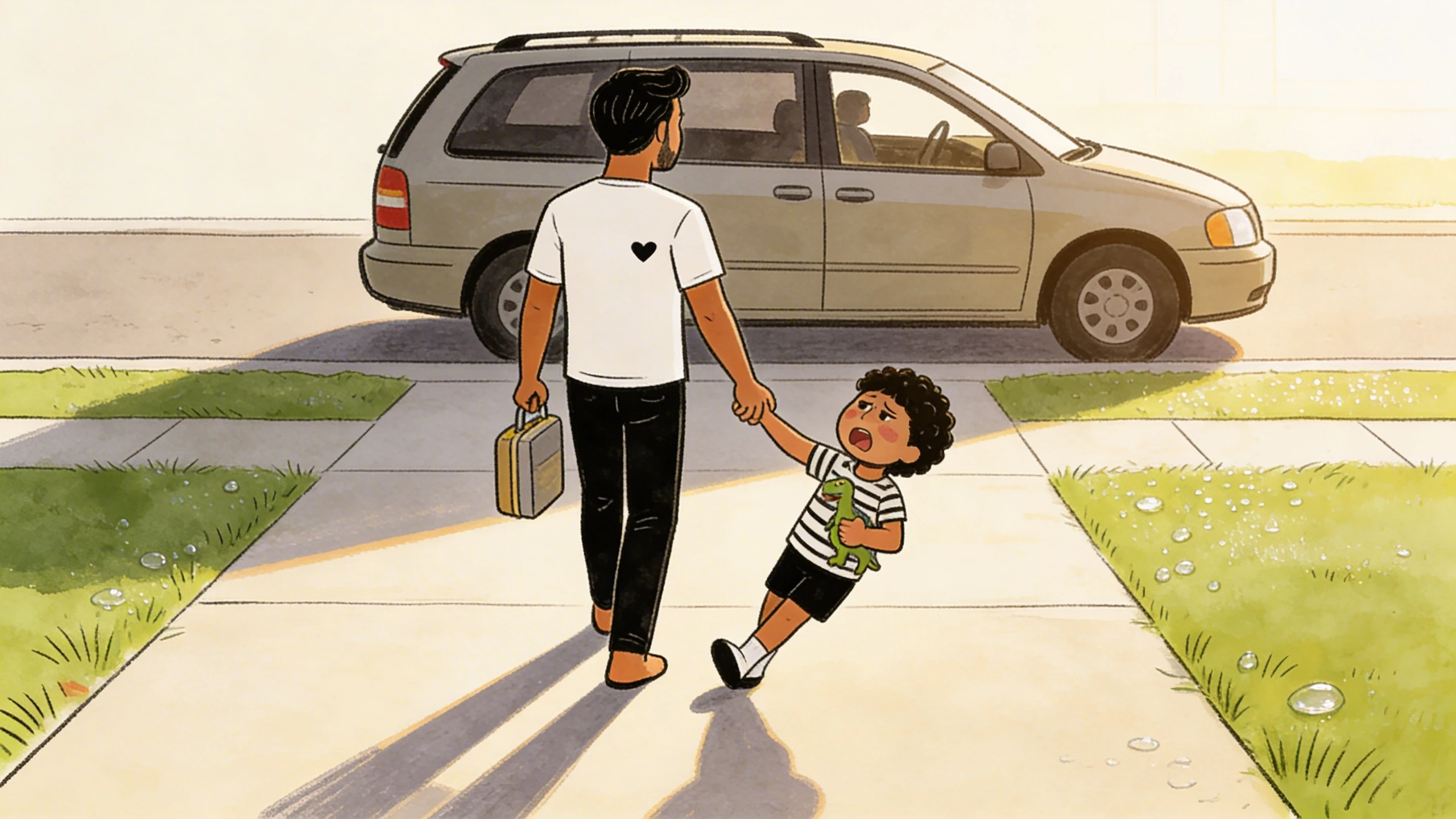 Parent walking toddler by the hand along a driveway toward a parked car, child clutching a toy