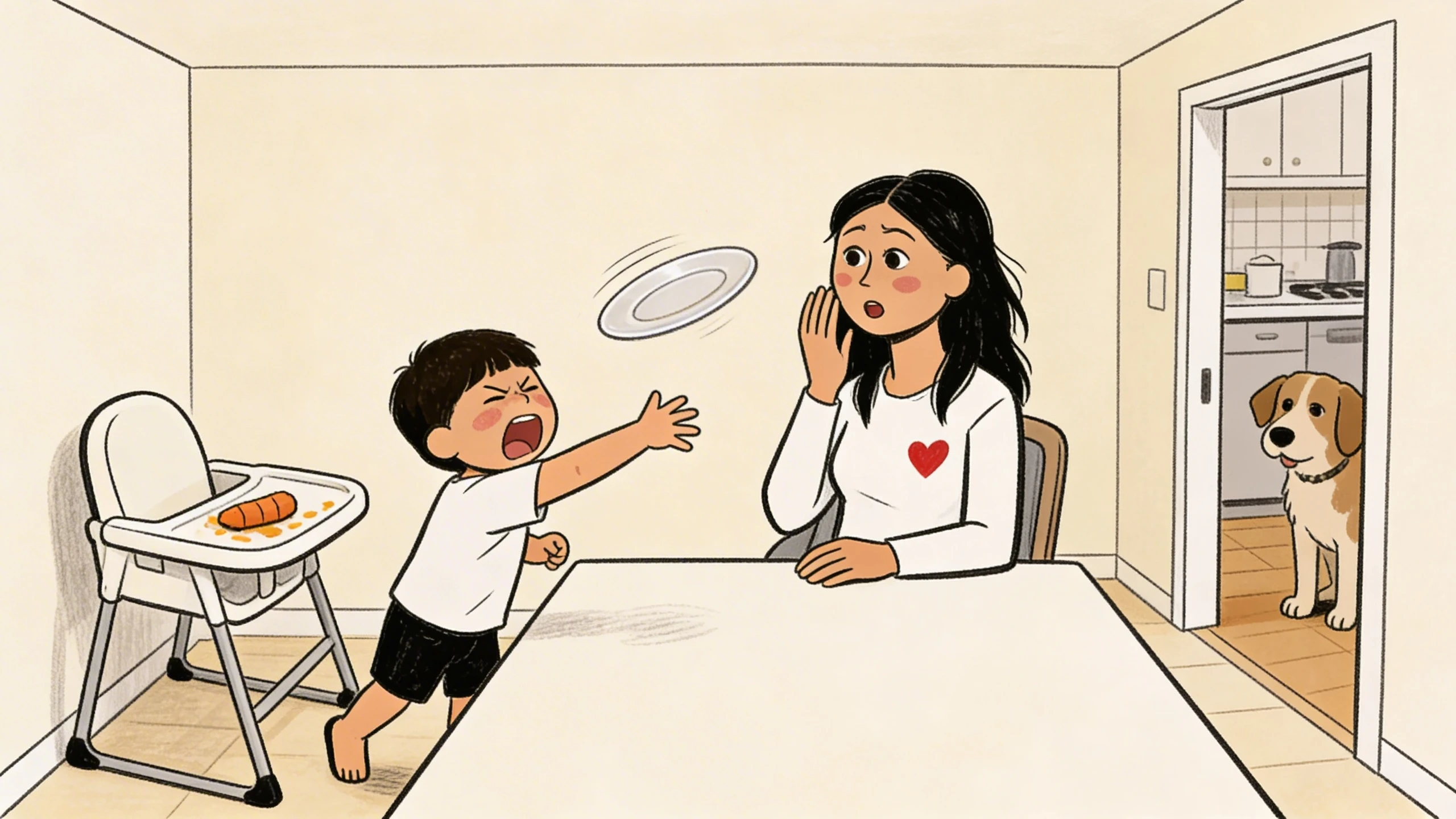 Toddler throwing a plate during a meltdown at the dinner table while a parent looks on