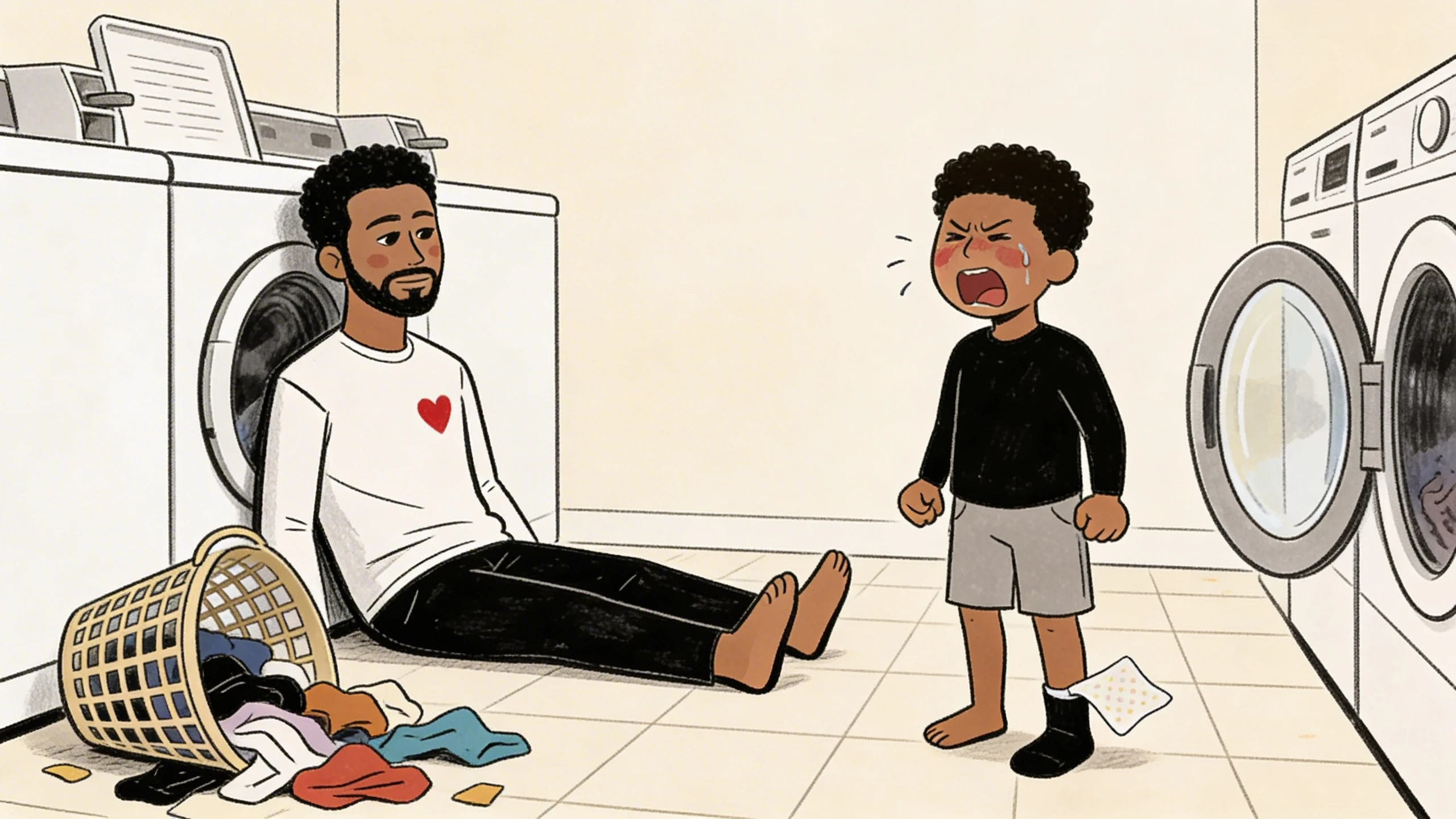 Father sitting on laundry room floor staying calm as toddler has a physical tantrum nearby