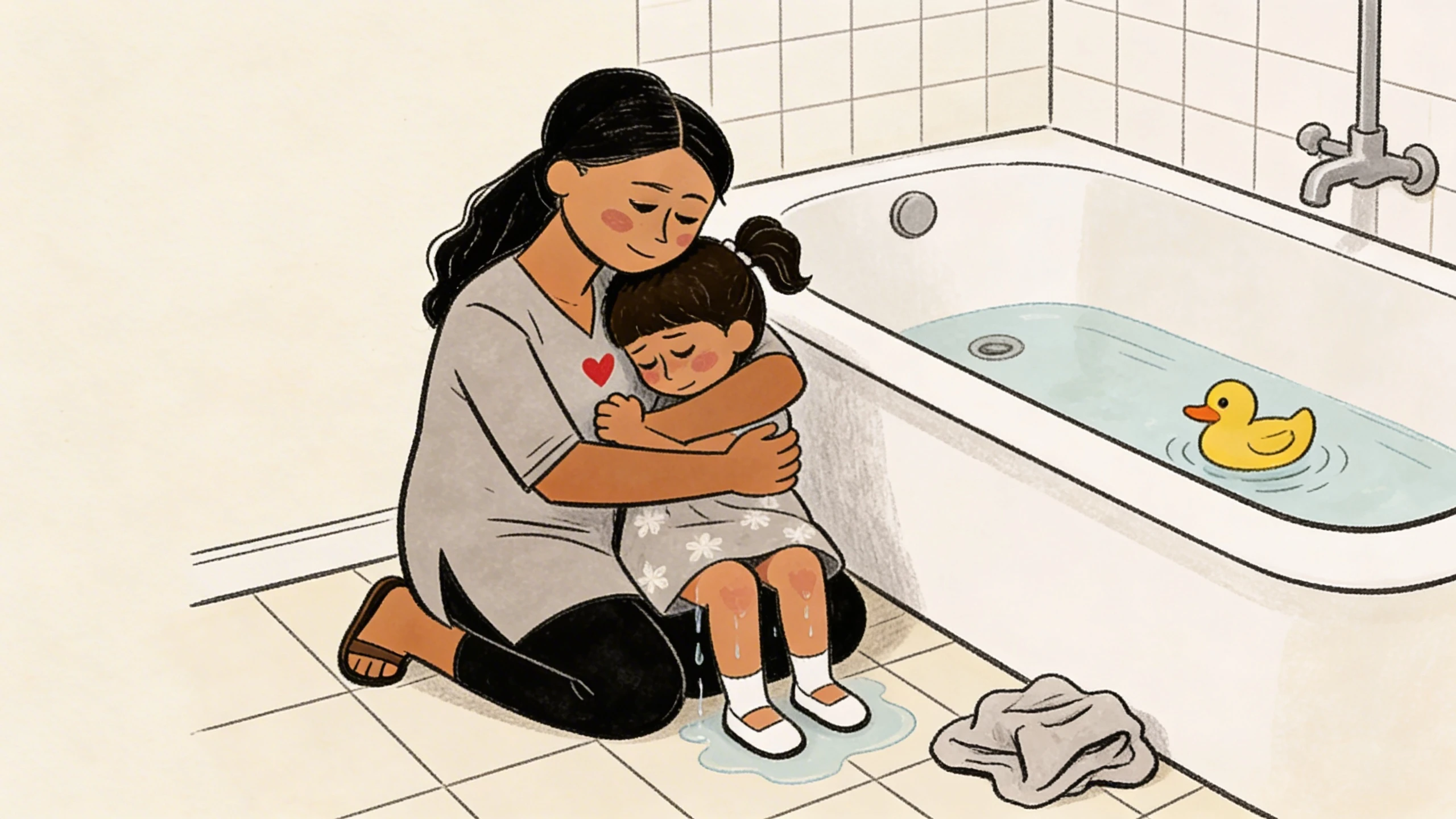 Parent holding child close on bathroom floor after a meltdown with rubber duck in tub nearby