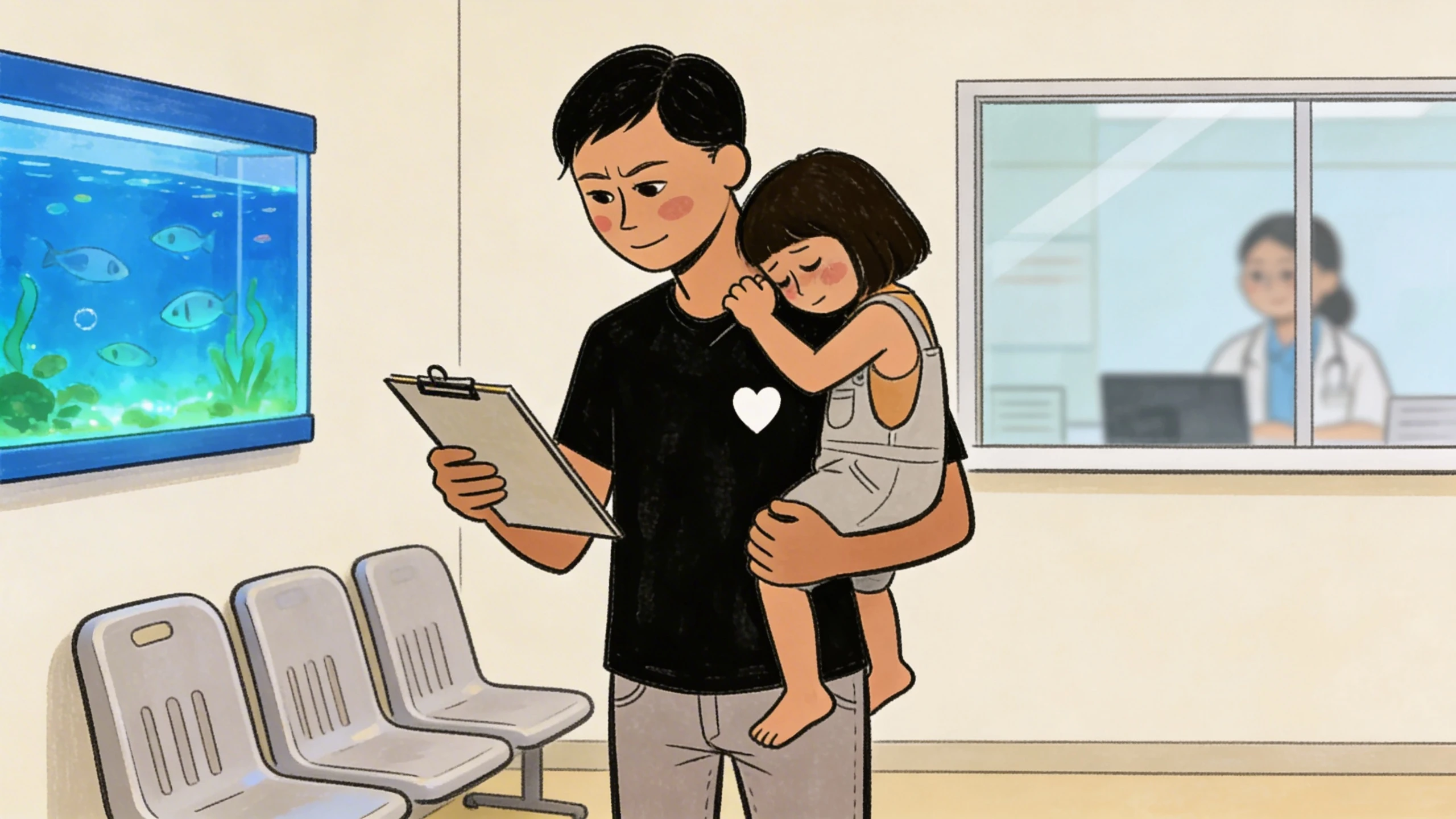 Parent holding sleepy toddler in a doctor's waiting room while reviewing a clipboard