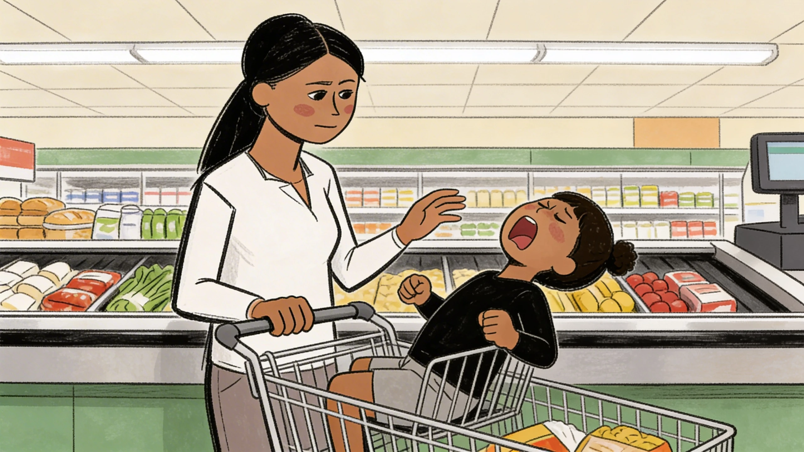 Mother pushing grocery cart with toddler sitting inside, child's fist clenched and mouth open mid-meltdown warning sign