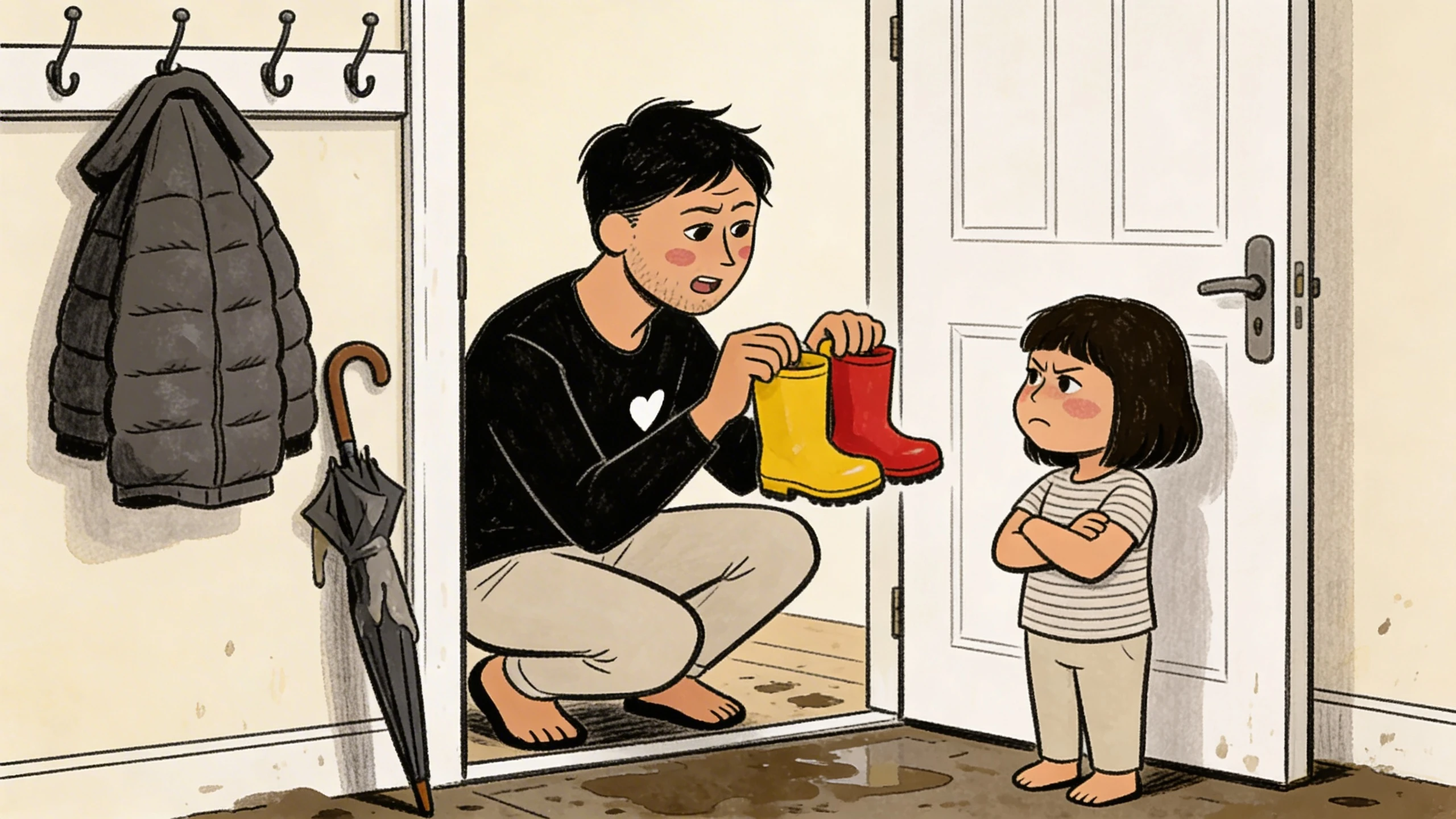 Parent kneeling at door offering rain boots to toddler with arms crossed, reading early meltdown warning signs