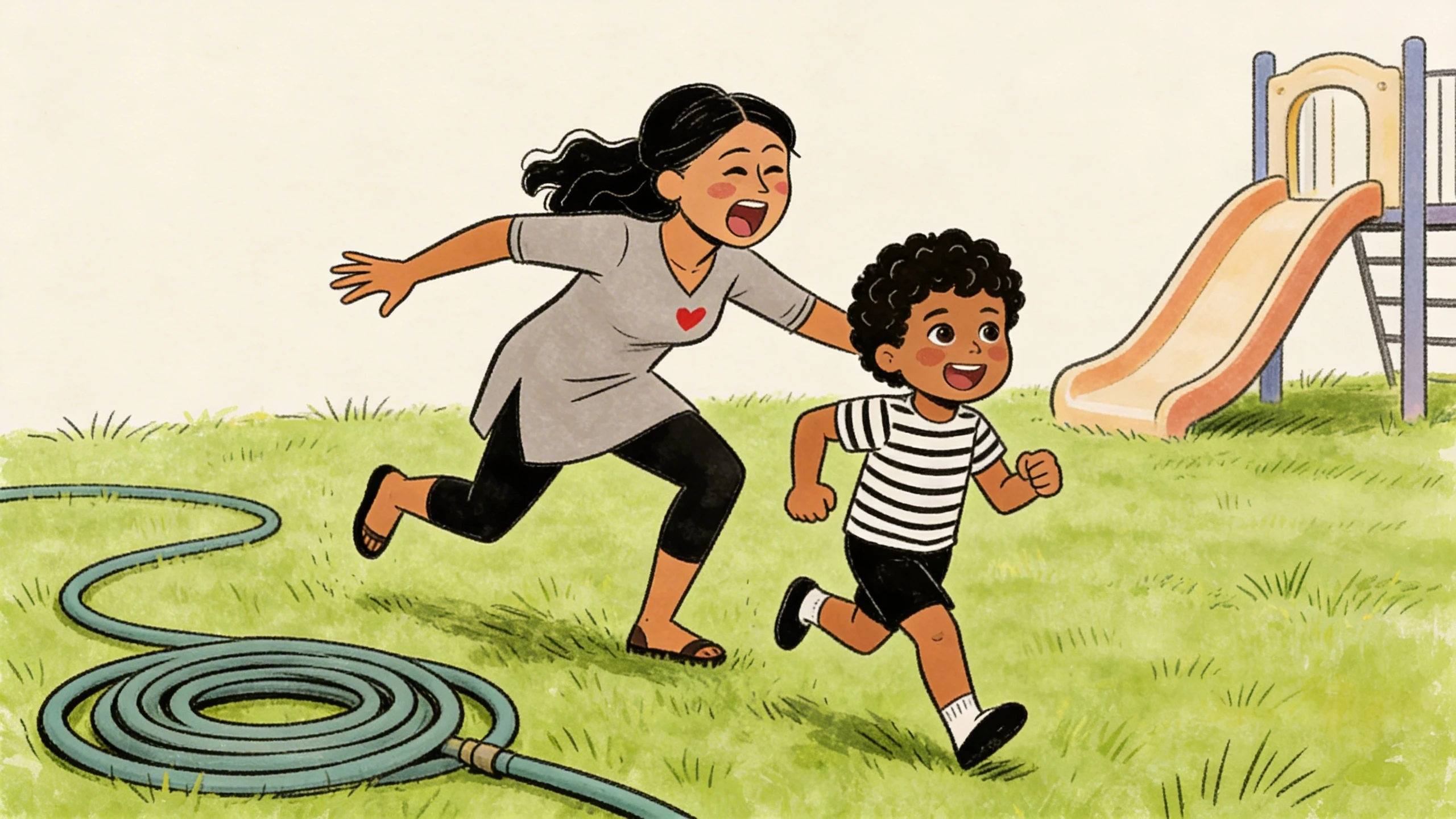 Mother and toddler running together across grass near playground slide, redirecting child energy before meltdown builds