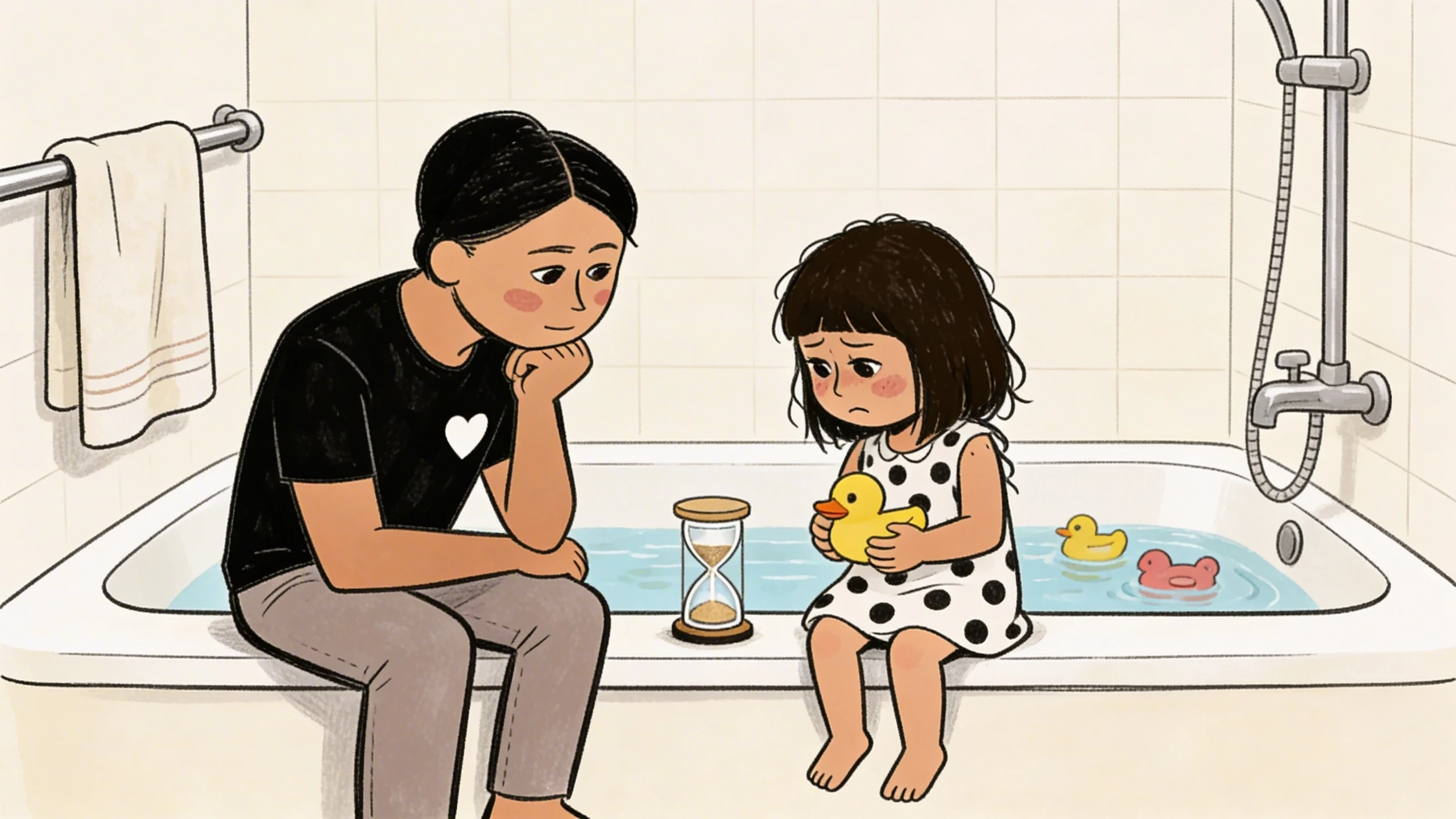 Parent beside bathtub watching toddler hold rubber duck, hourglass on tub edge as a visual transition warning