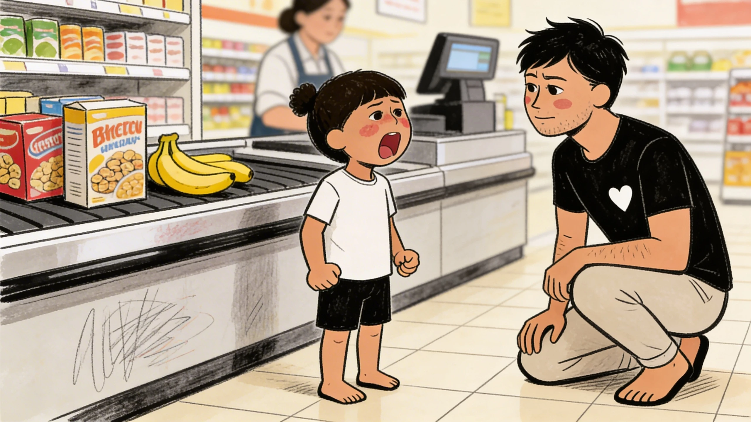 Father crouches to eye level with toddler mid-tantrum at grocery store checkout, staying calm to handle it.