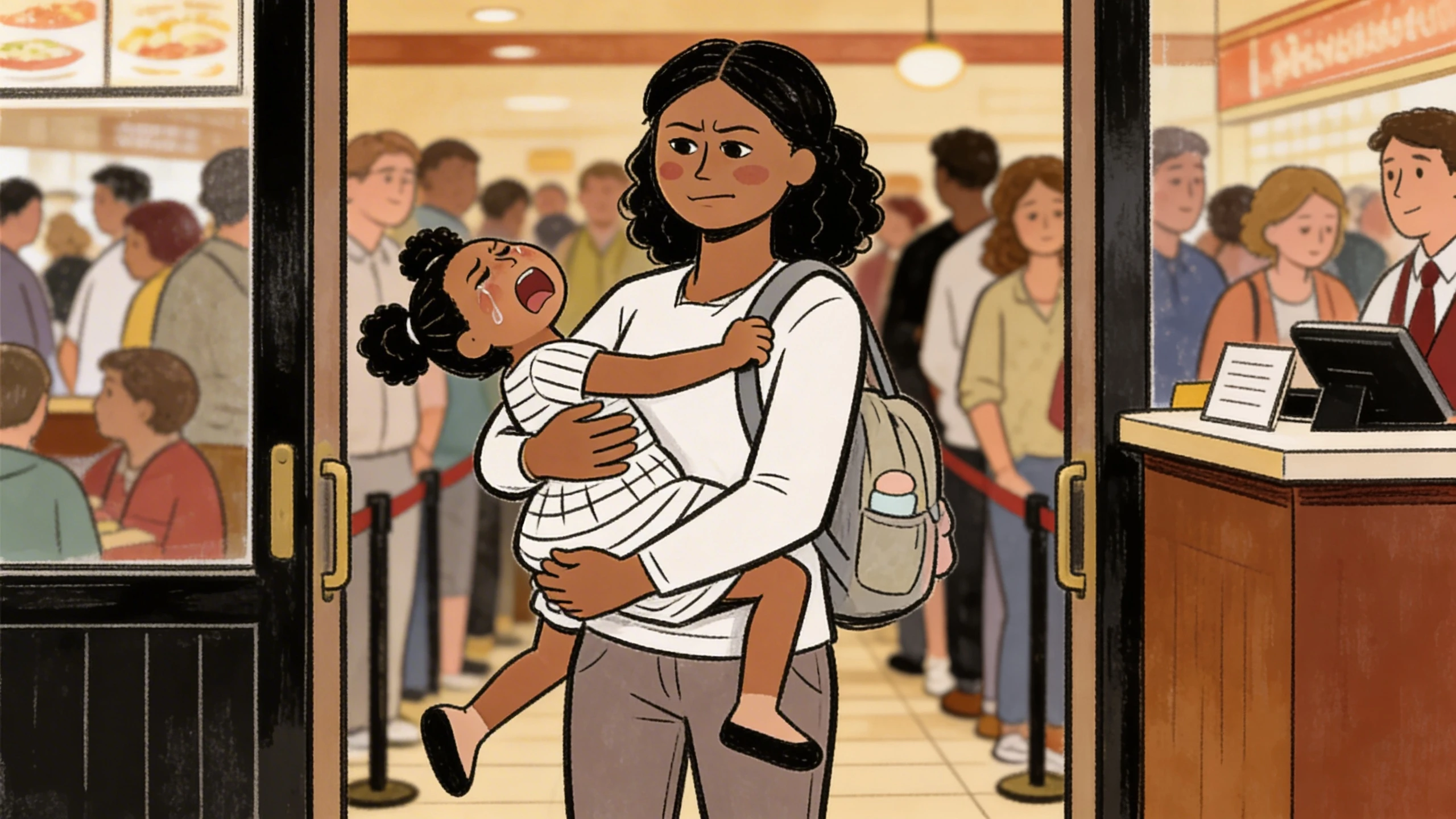 Mother carrying a crying toddler through a crowded public restaurant entrance, bag on her shoulder.
