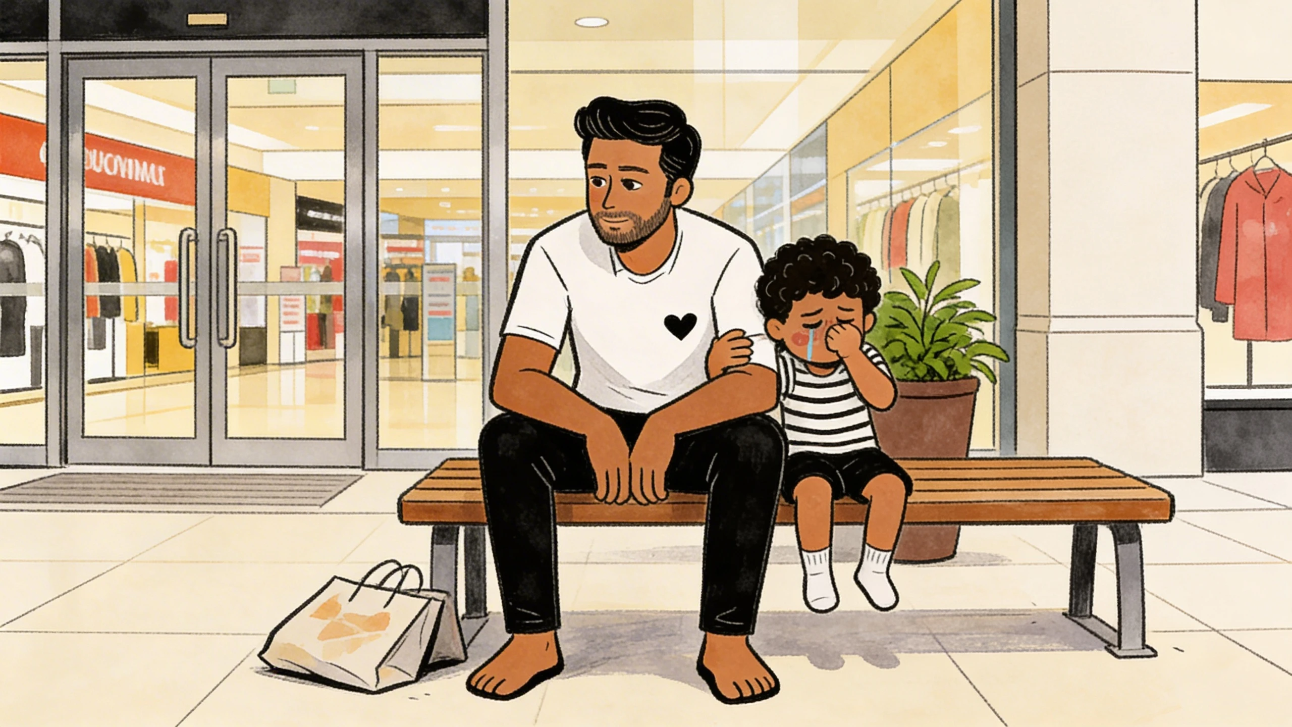 Father on a mall bench beside a toddler mid-tantrum in public, shopping bag resting on the floor.