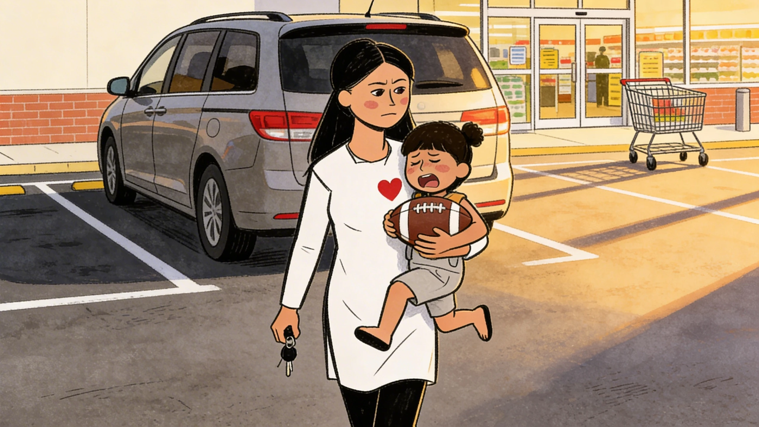 Mother carrying a toddler clutching a football across a store parking lot, keys in hand, keeping her mind.