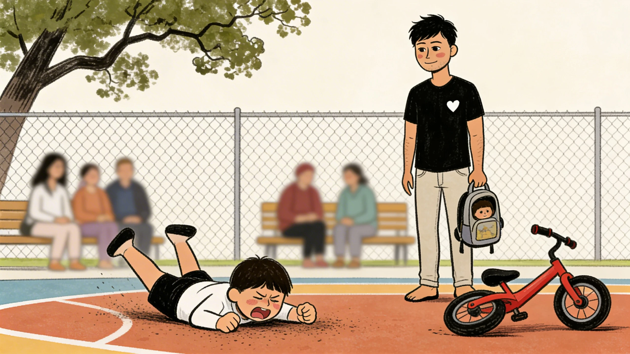 Child lying on playground ground mid-meltdown while parent stands nearby holding a backpack and balance bike.