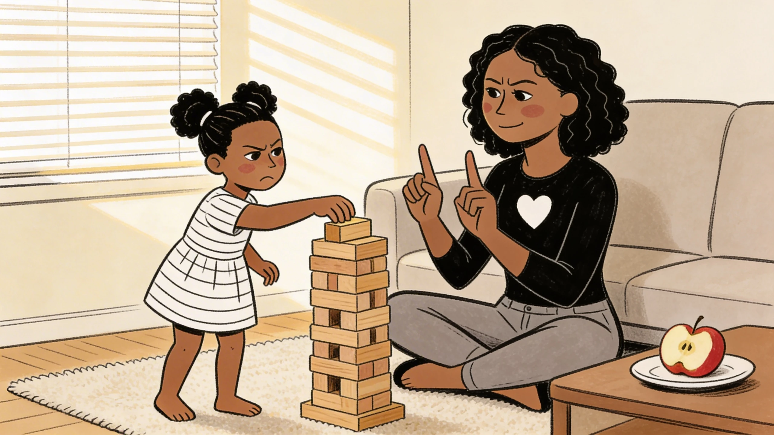 Toddler reaching toward a block tower while parent holds up one finger during activity transition warning.