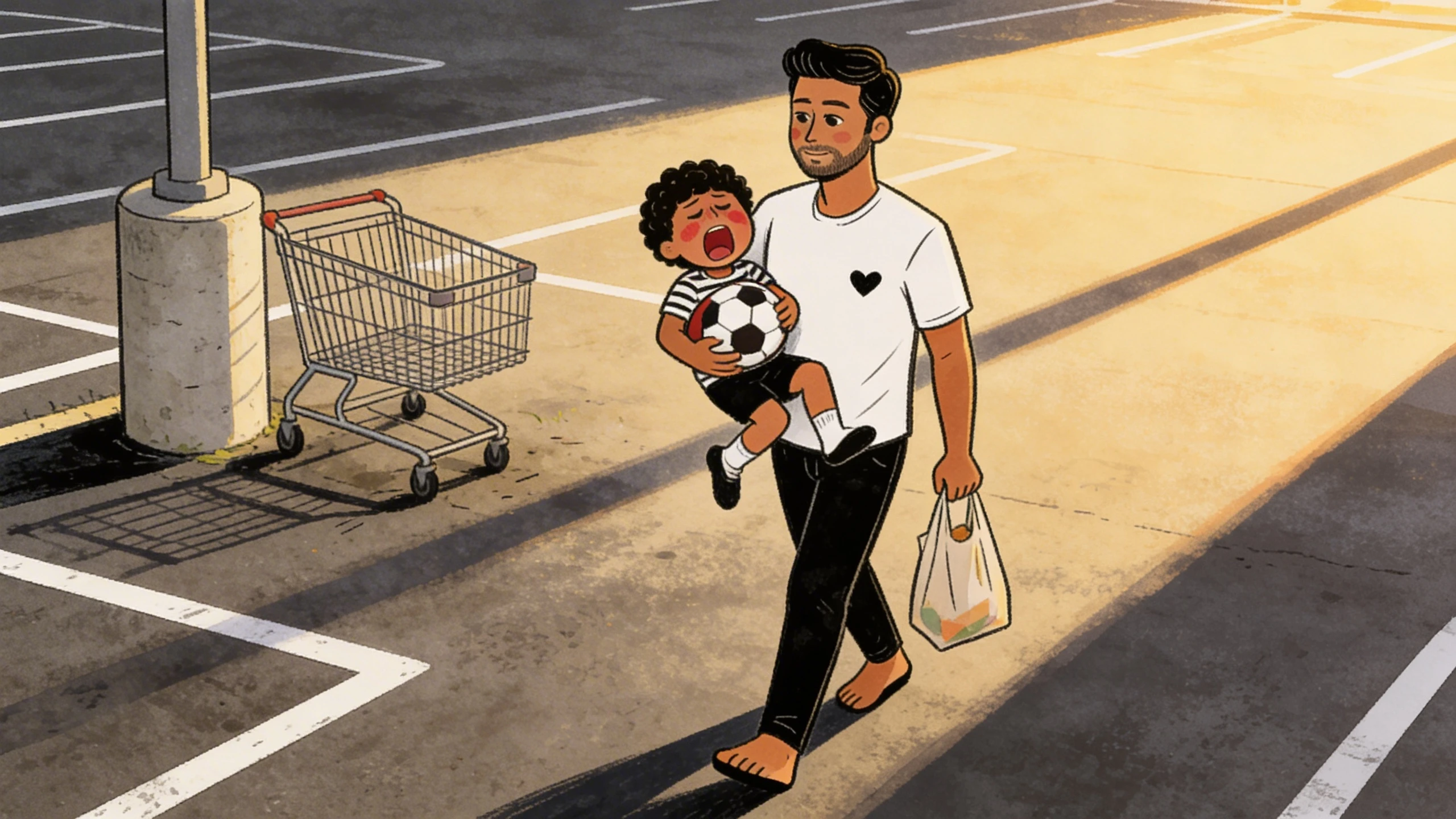 Parent carrying a crying toddler holding a soccer ball across a parking lot after leaving a store.