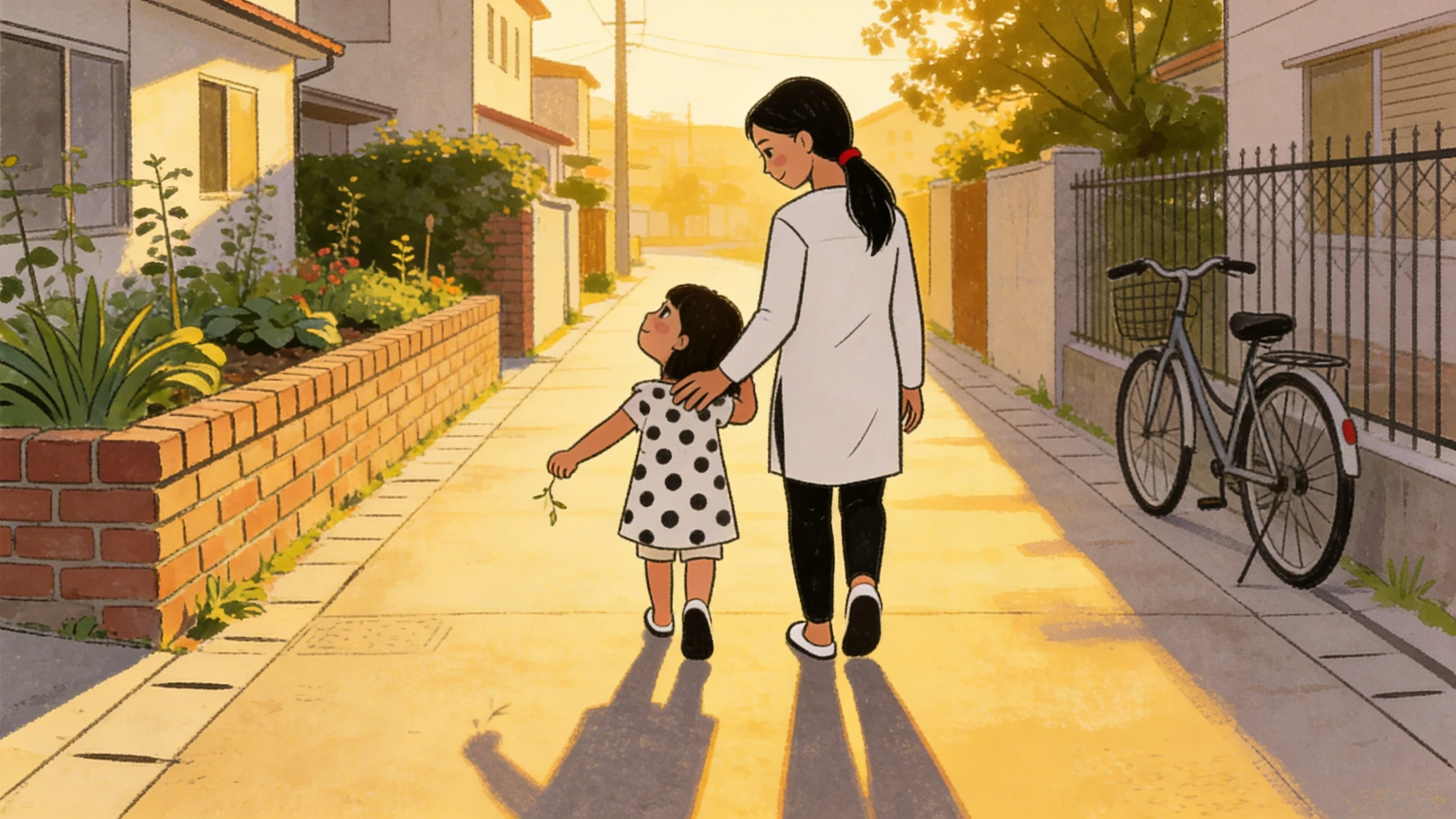 Adult and young child walking hand in hand down a sunlit sidewalk after a smooth activity transition.