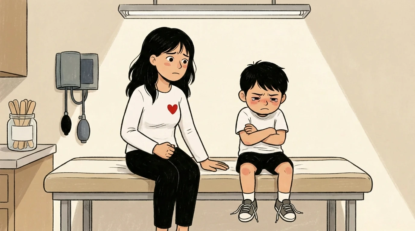 A parent and child with arms crossed sit on a doctor's exam table suggesting signs tantrums warrant a checkup